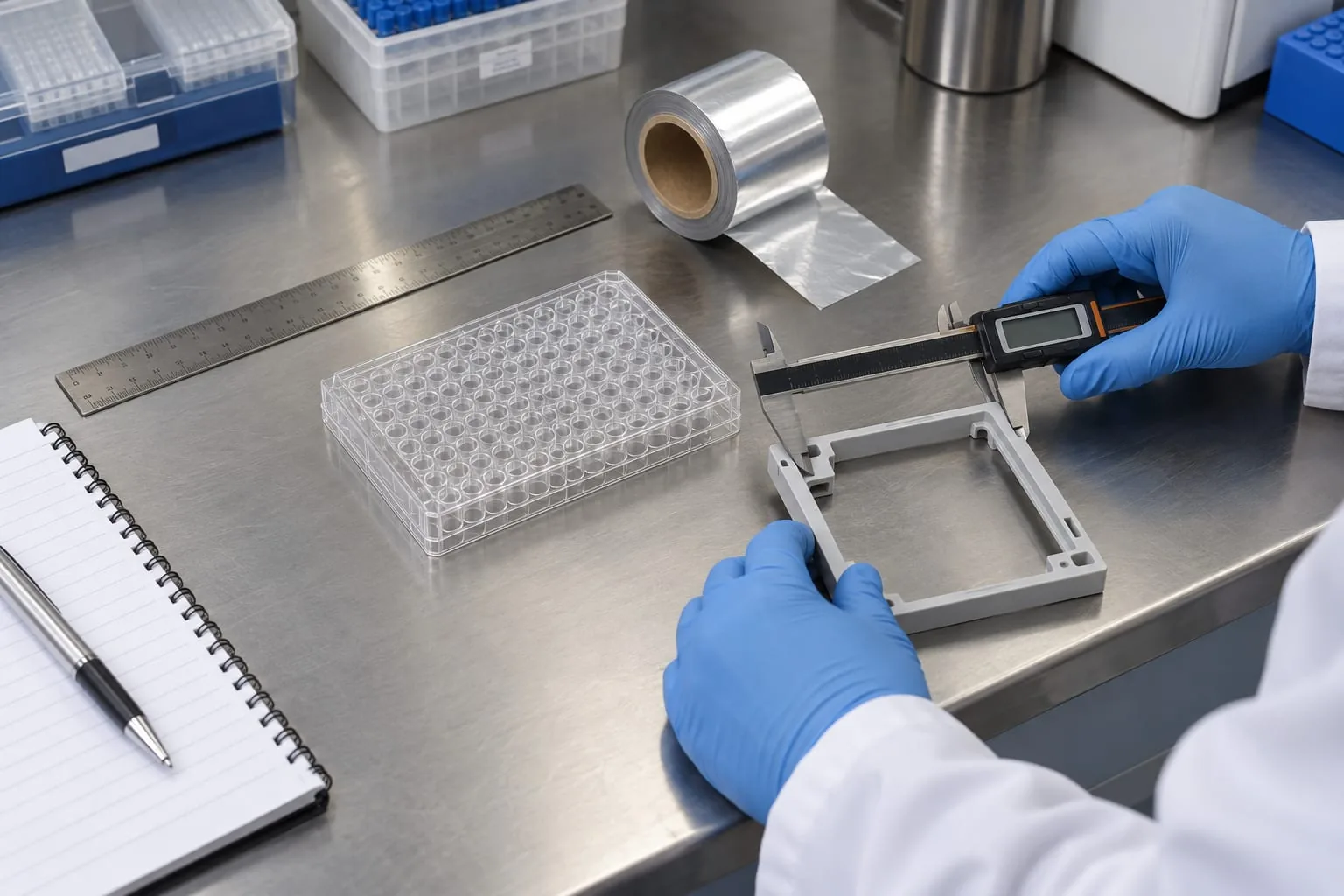 Technician measuring a microplate adapter beside a foil roll and ruler