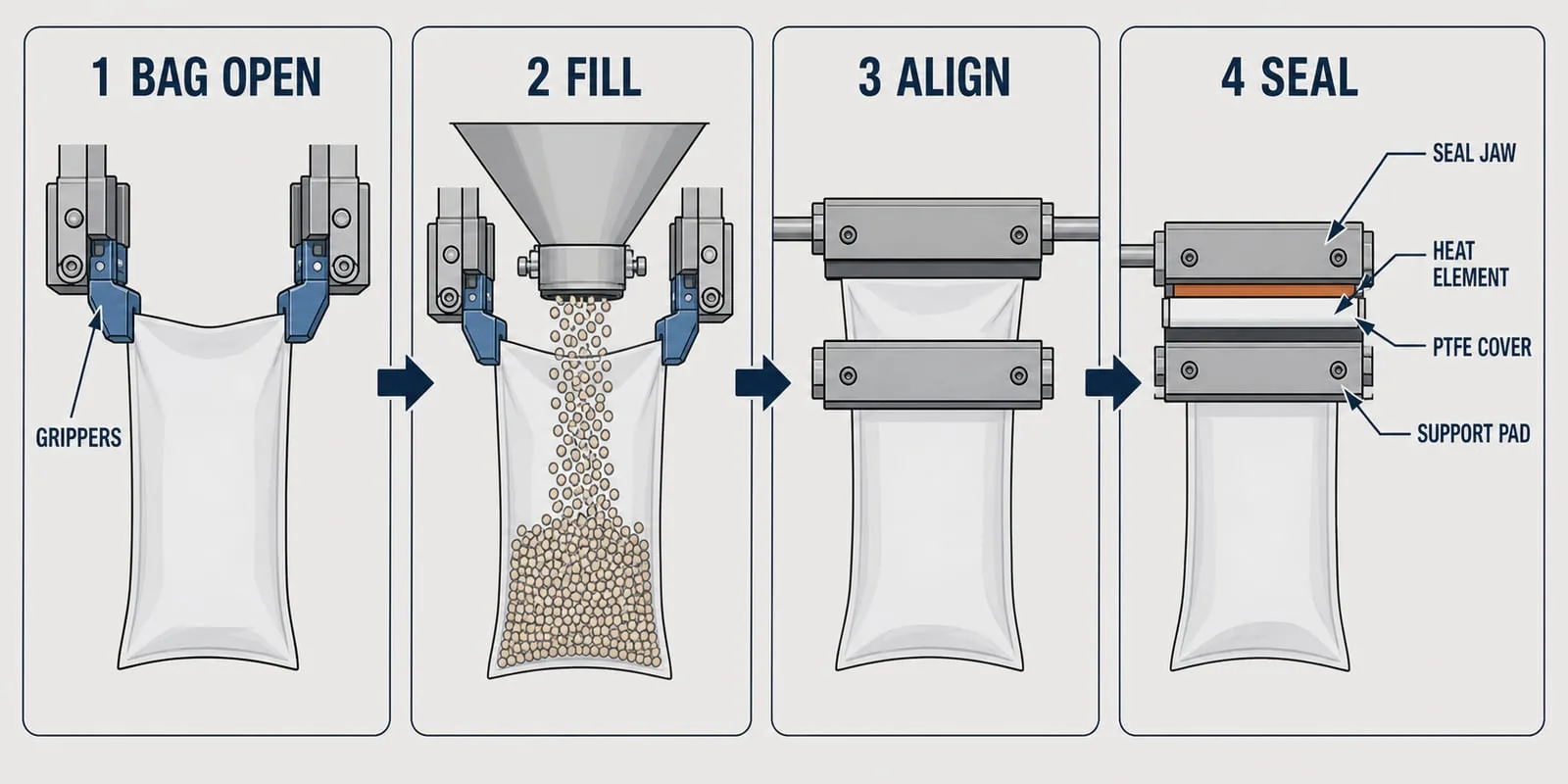 Four-stage diagram showing a bag opening, filling, aligning and sealing