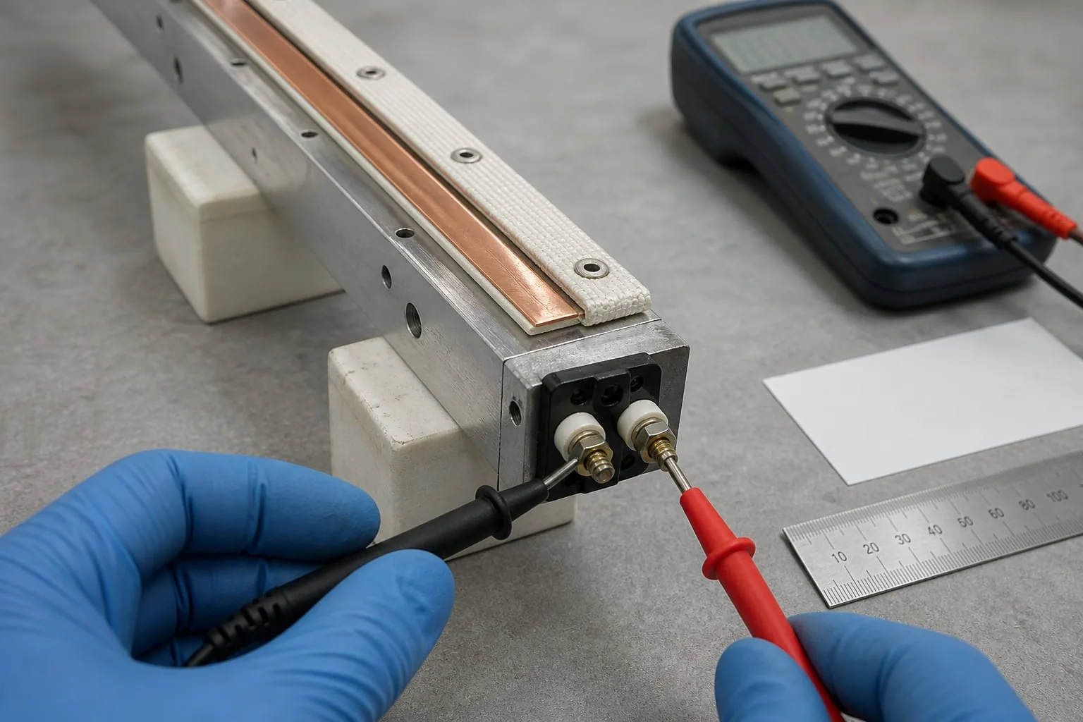 Technician checking a disconnected sealing jaw with a multimeter