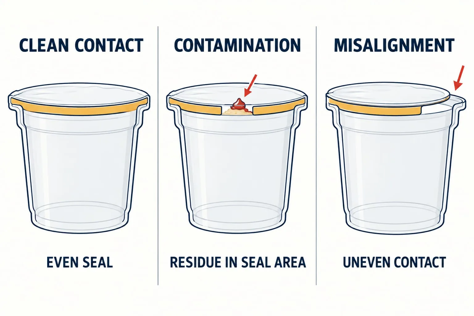 Comparison diagram showing clean contact, contamination and misalignment at a cup seal