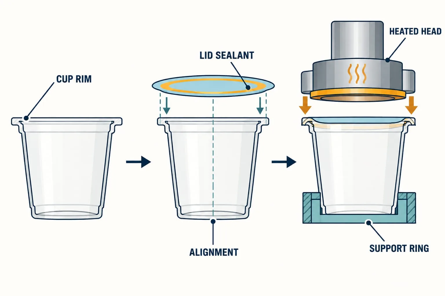 Labelled diagram of a cup rim, lid sealant, heated head, support ring and alignment
