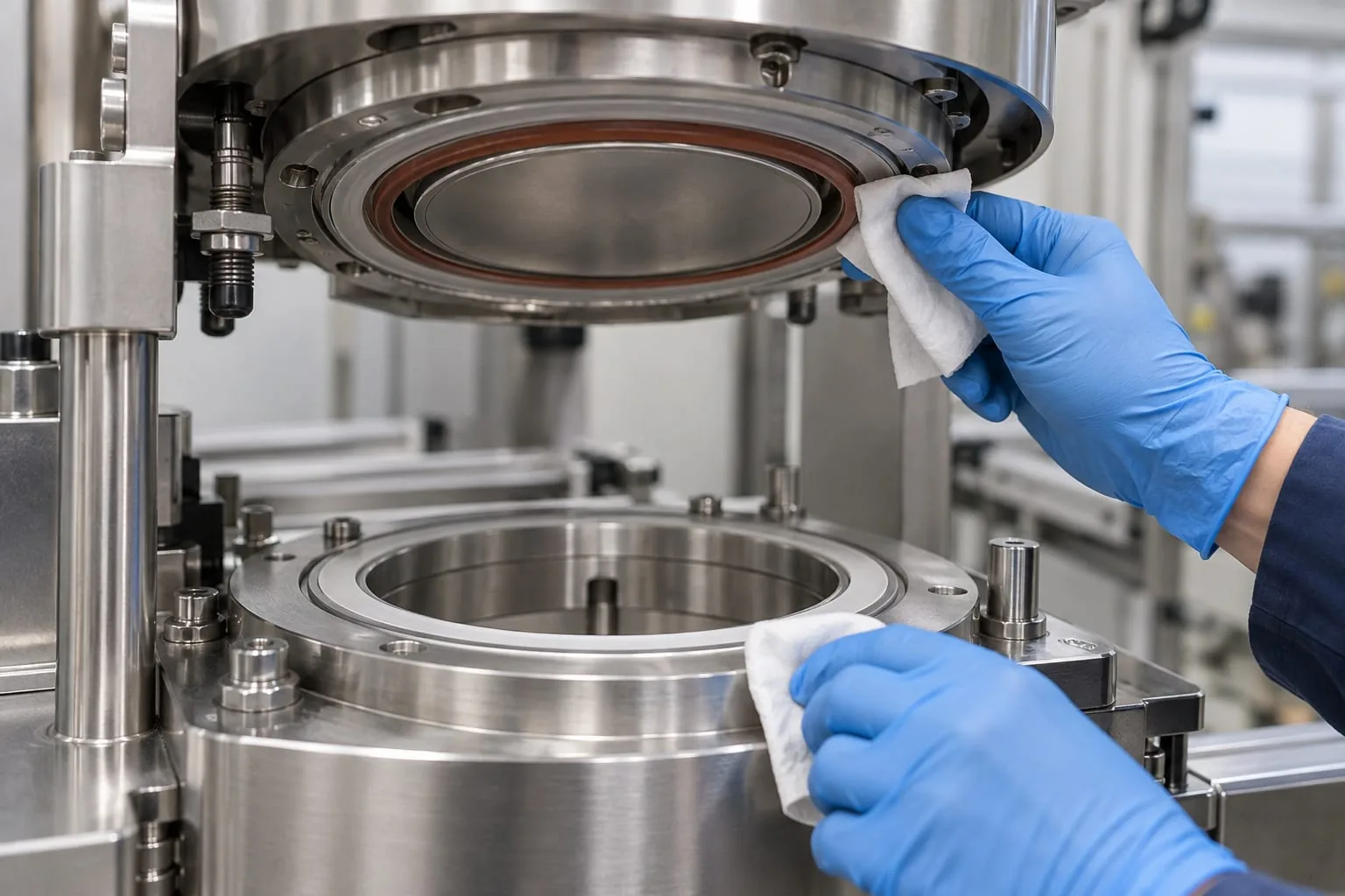 Gloved technician wiping the annular sealing face and support ring of an isolated cup sealer