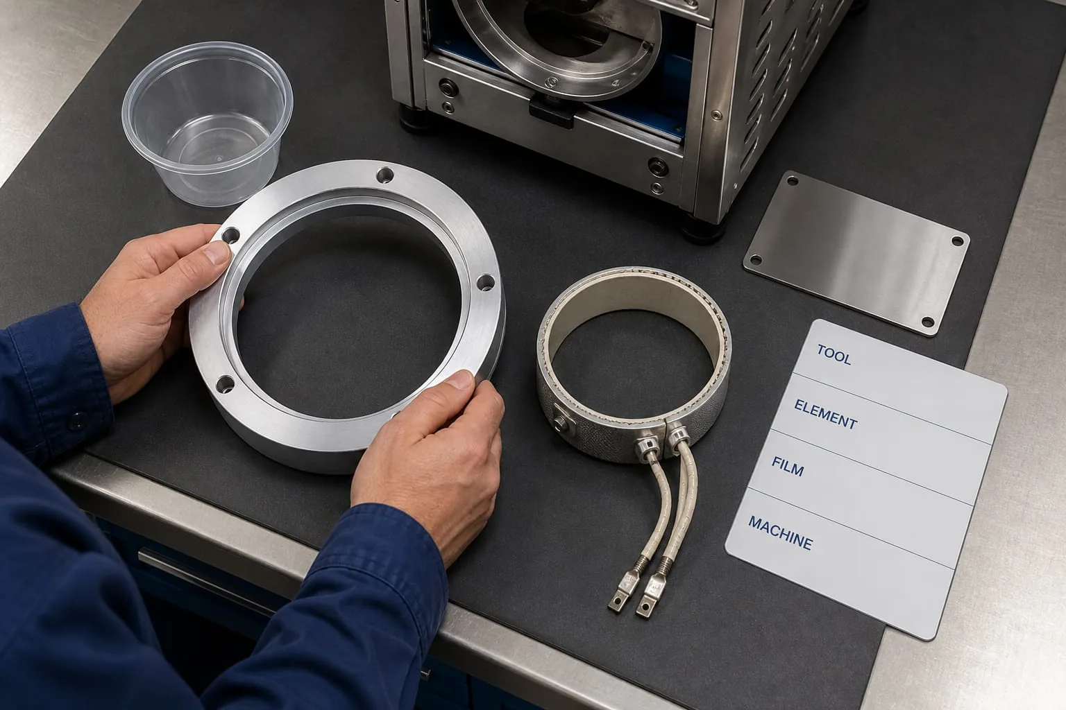 Technician reviewing a round cup-sealing tool and replacement component