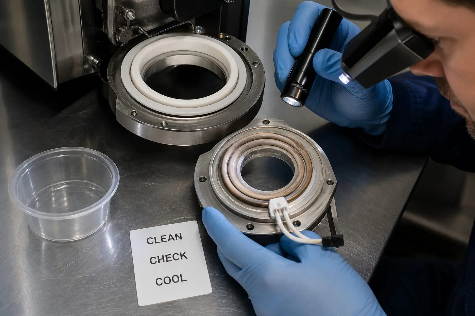 Technician inspecting a clean cup-sealing tool and its heated component