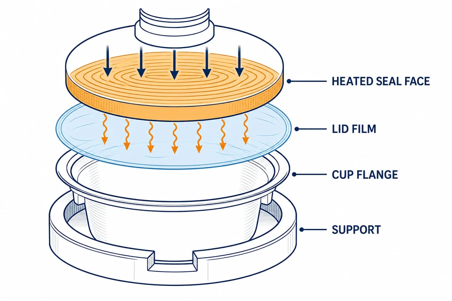 Labelled diagram of a cup flange, lidding film and heated sealing face