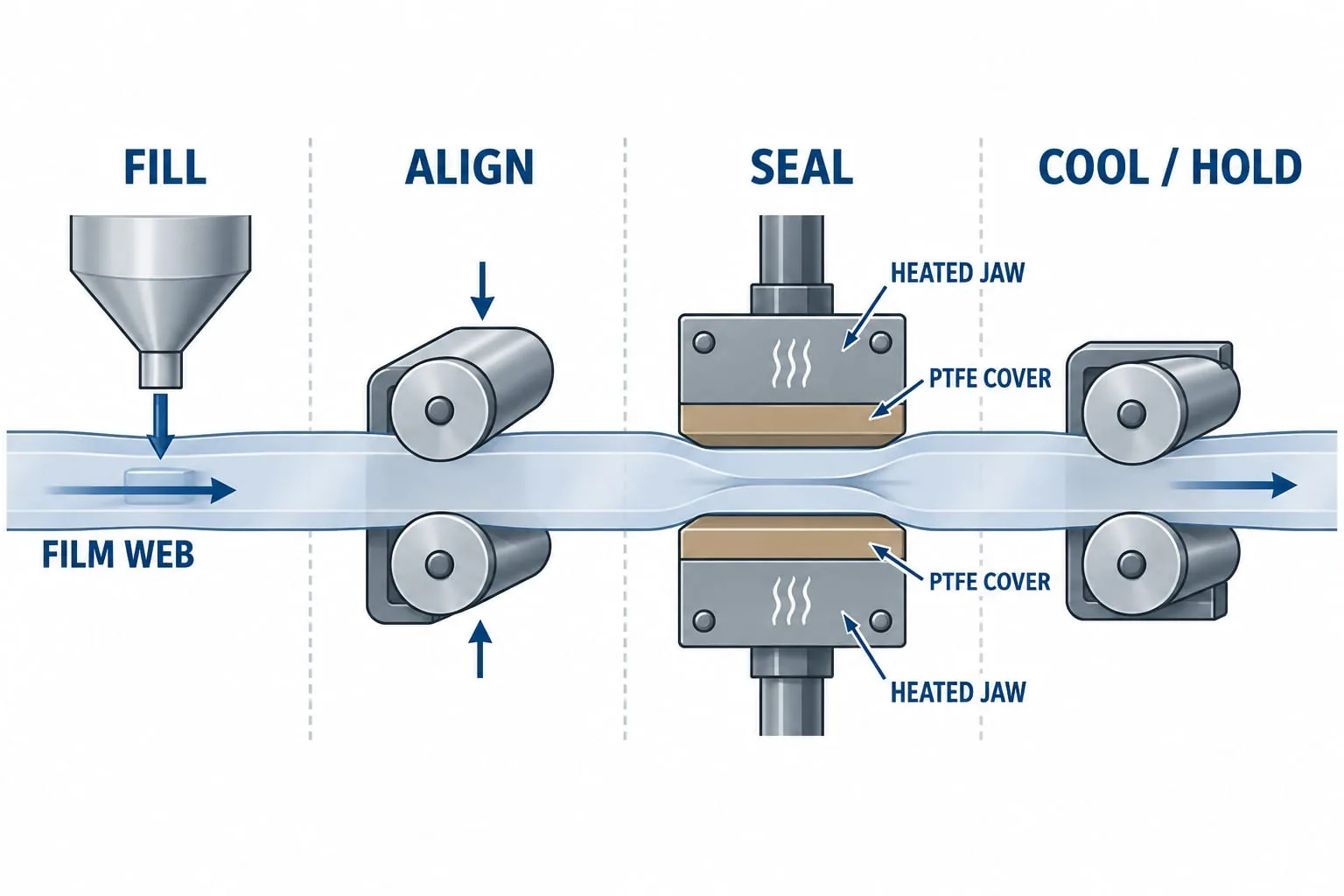 Labelled diagram showing film web entering aligned heated sealing jaws