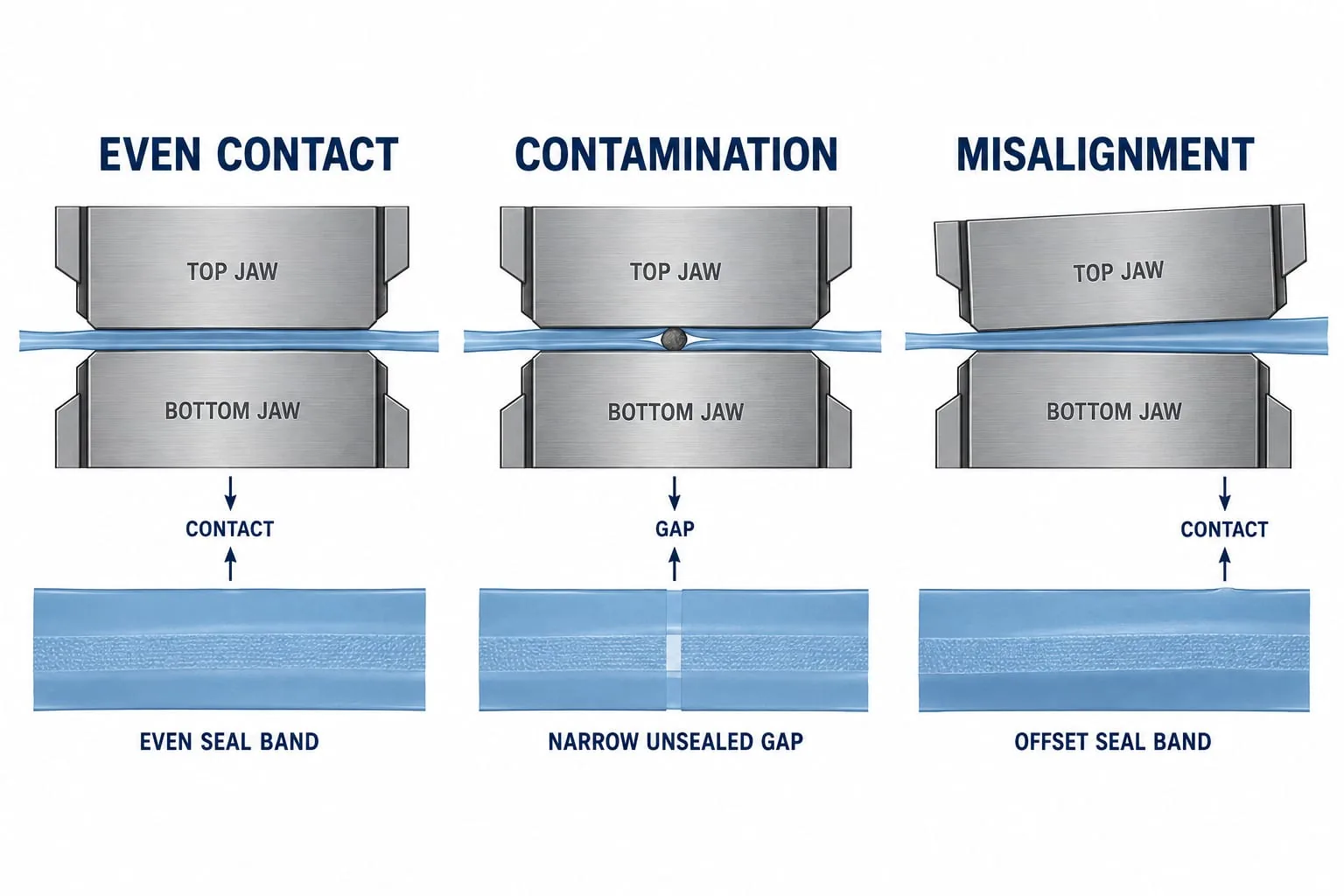 Comparison of even contact, contamination and misalignment at a heat-sealing jaw