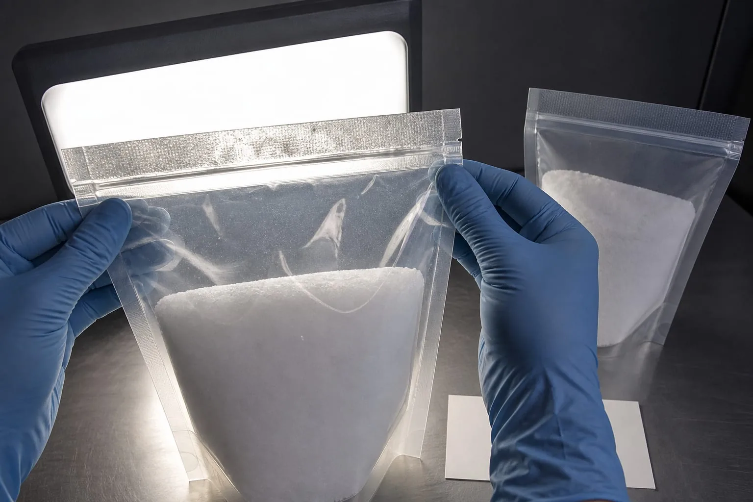 Technician inspecting a pouch top seal with an inspection light
