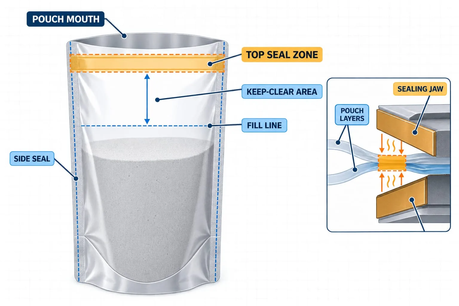 Diagram of a pouch top seal zone, fill line and sealing jaw