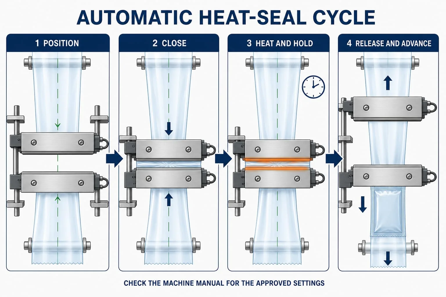 Four-panel diagram showing position, close, heat and hold, then release and advance
