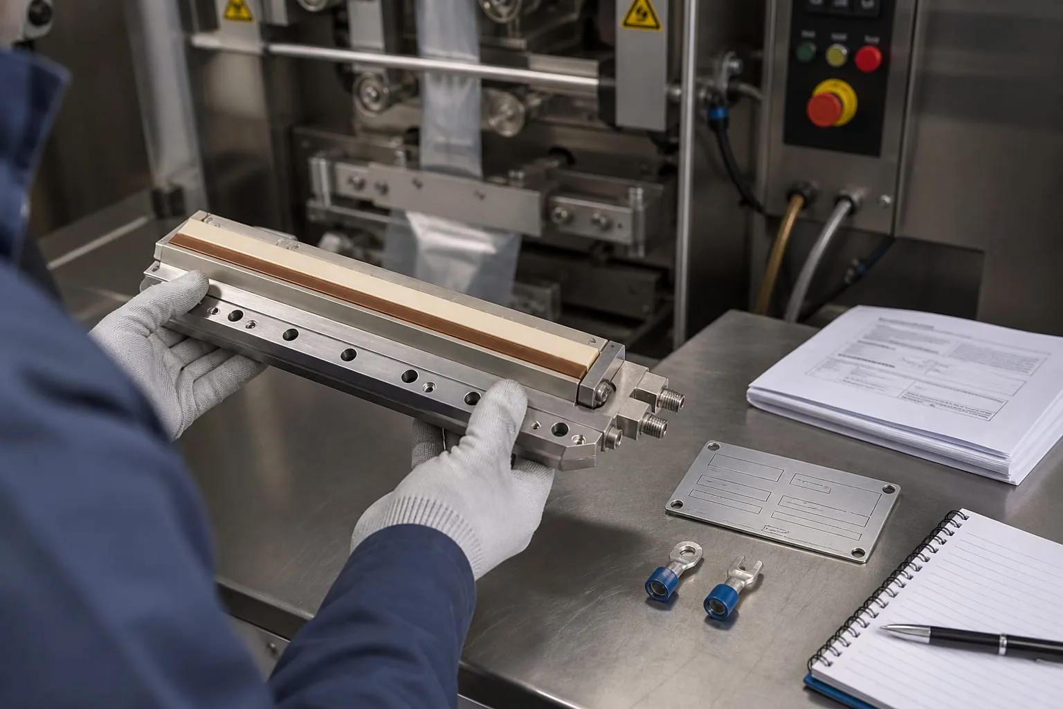 Gloved technician holding a removed sealing jaw beside a guarded packaging machine