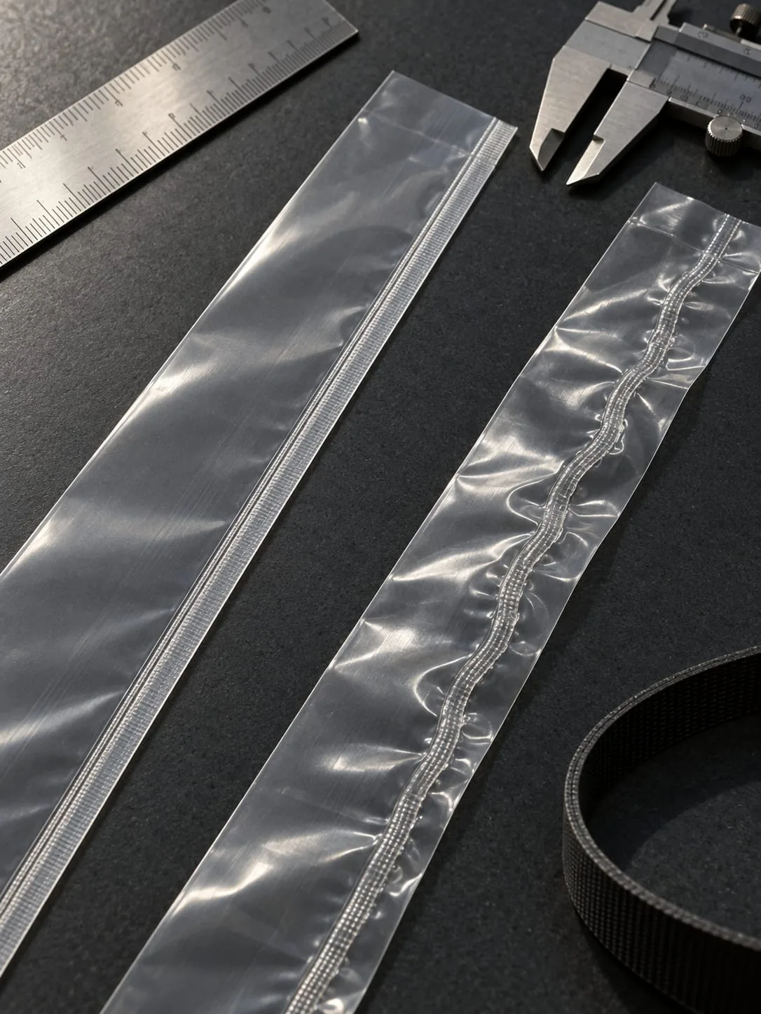 Clear film strips showing a straight seam and a wandering seam beside measurement tools