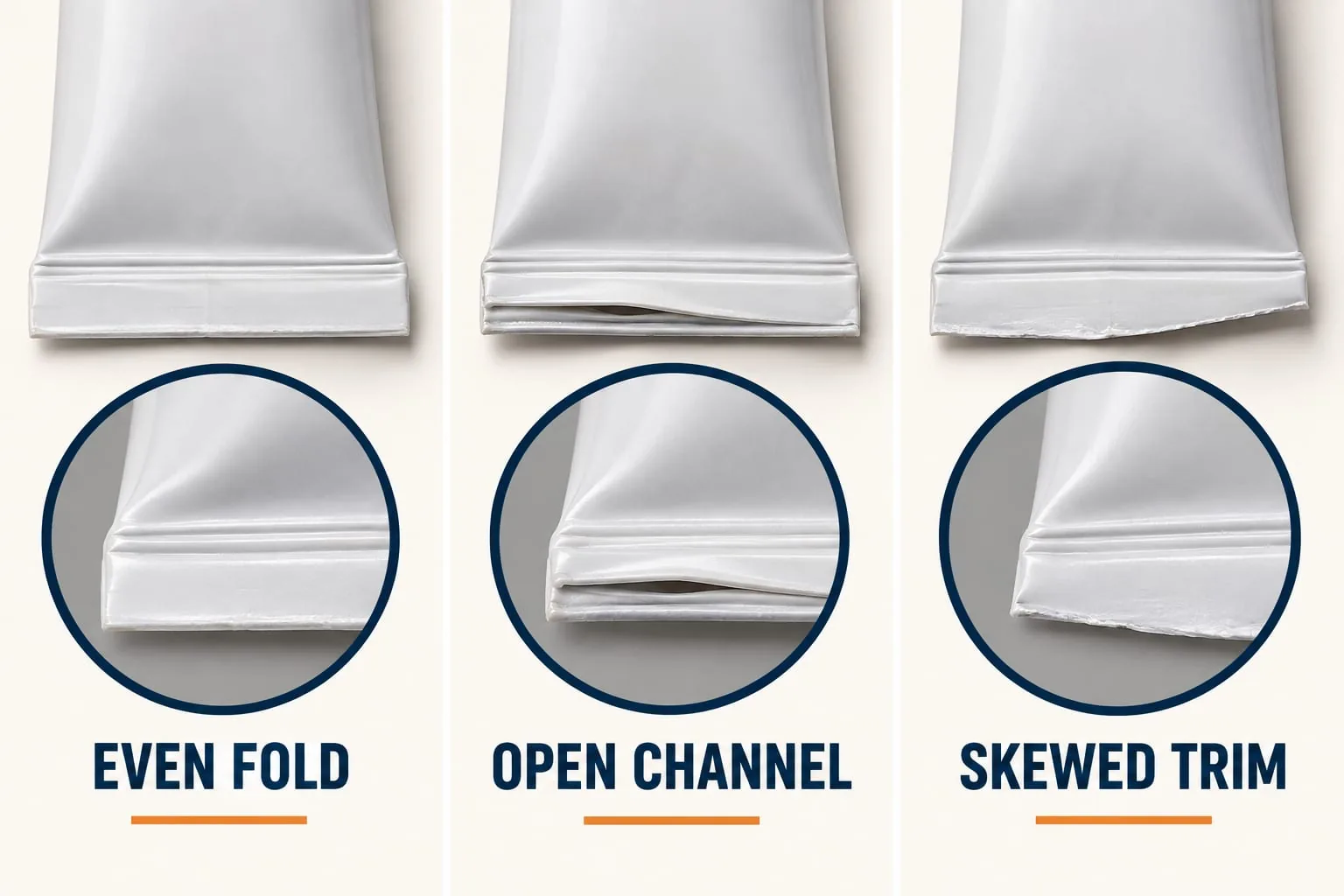 Close-up comparison of an even tube fold, an open channel and a skewed trim