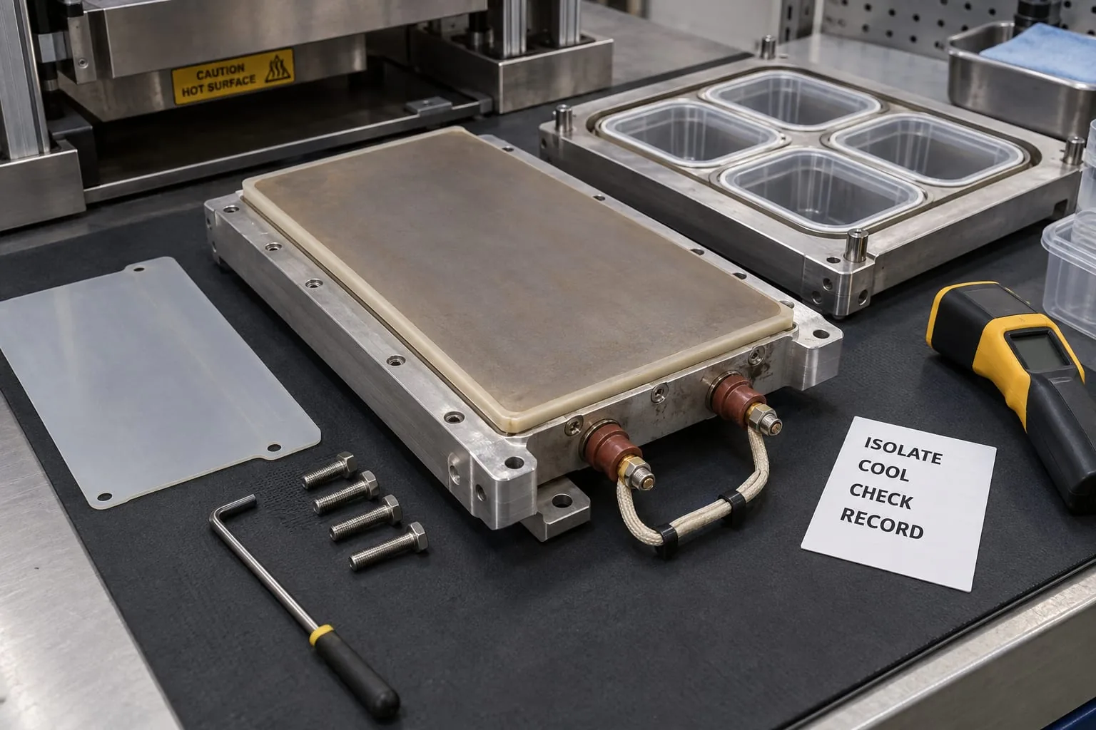 Heated cup sealer platen inspected beside a cup nest and PTFE edge