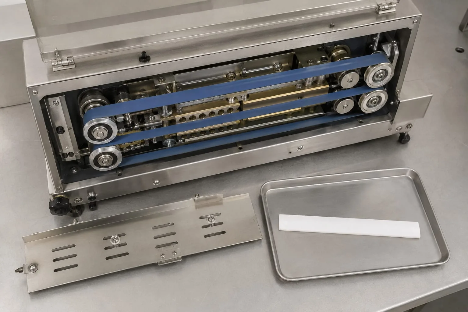 Open continuous band sealer showing blue sealing bands, guide wheels and a replacement strip on a tray