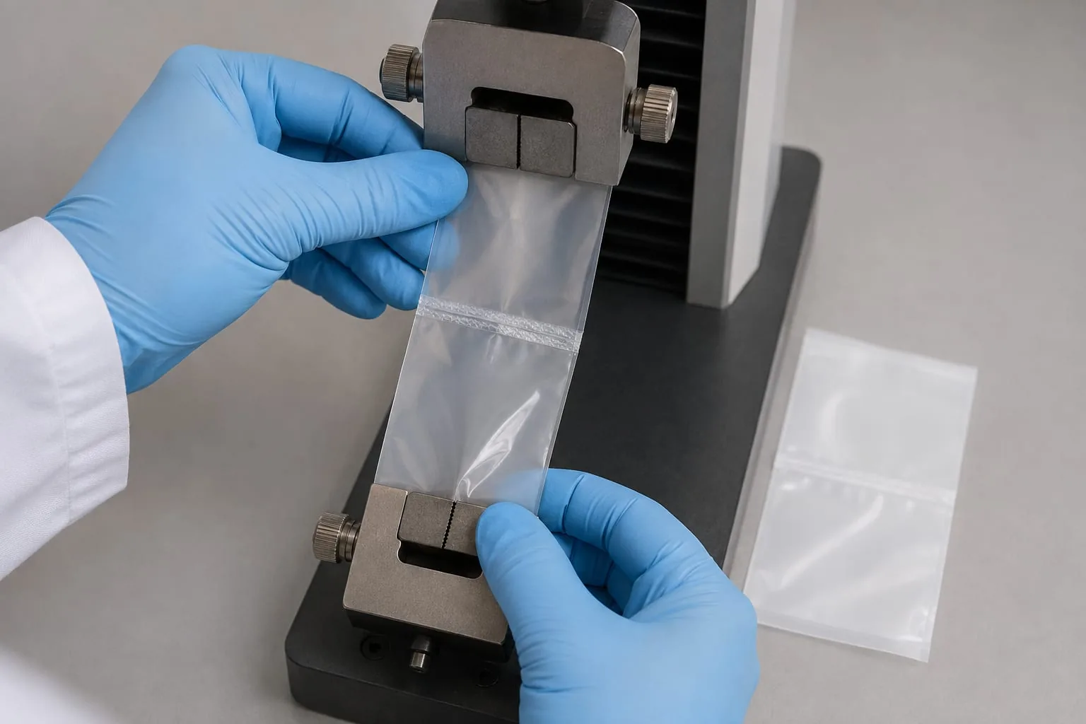 Gloved technician placing a sealed film strip in a manual test fixture