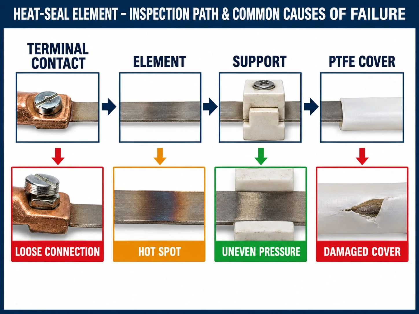 Technical inspection path showing terminal contact, element, support and PTFE cover with common failure conditions.