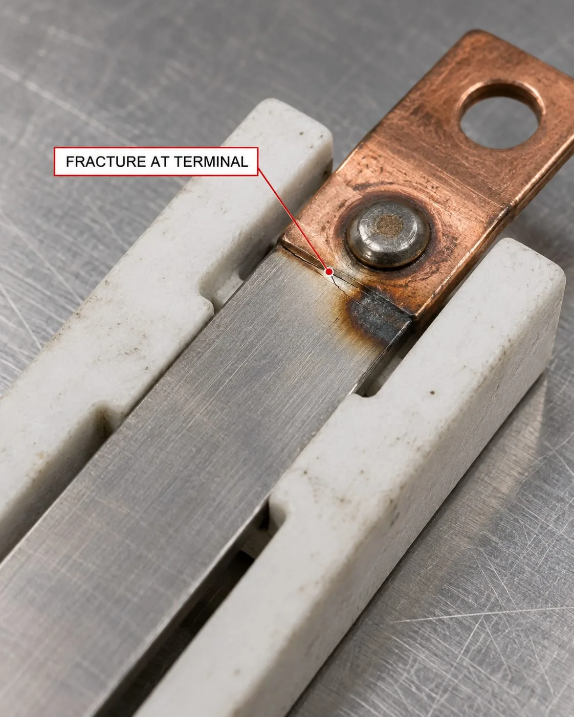 Close-up of a heat-seal ribbon fractured beside a copper terminal and ceramic support.