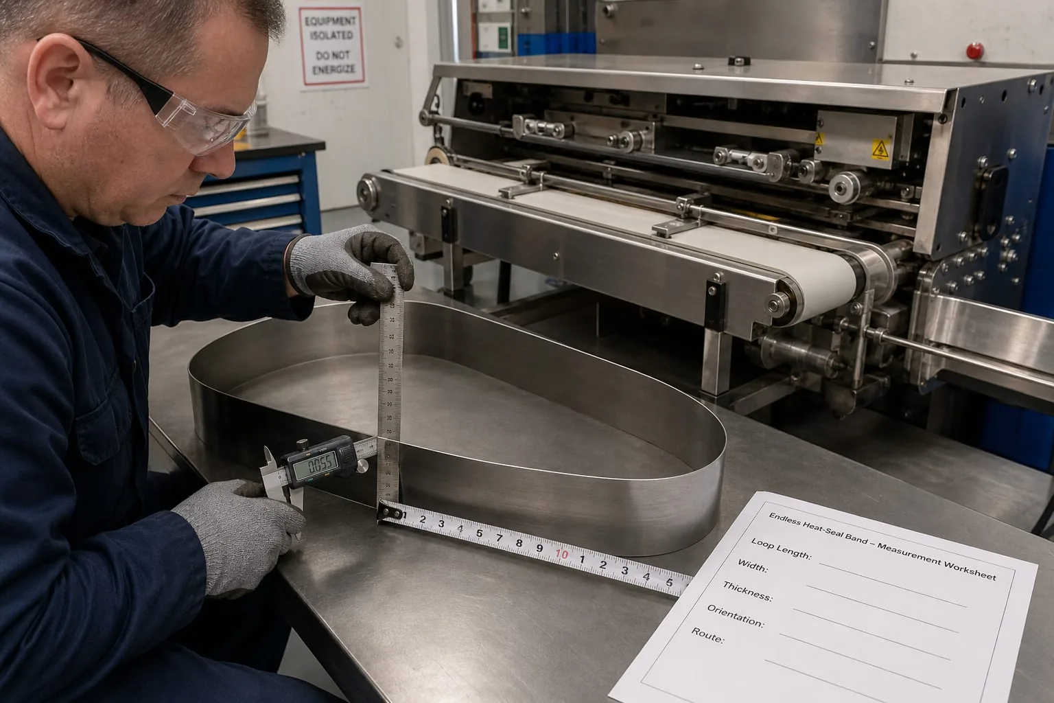 Technician measuring an endless heat-seal band with caliper and ruler