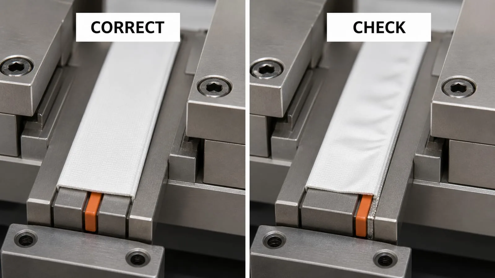 Correctly centred and offset heat-seal elements shown under PTFE covers in sealing-jaw fixtures