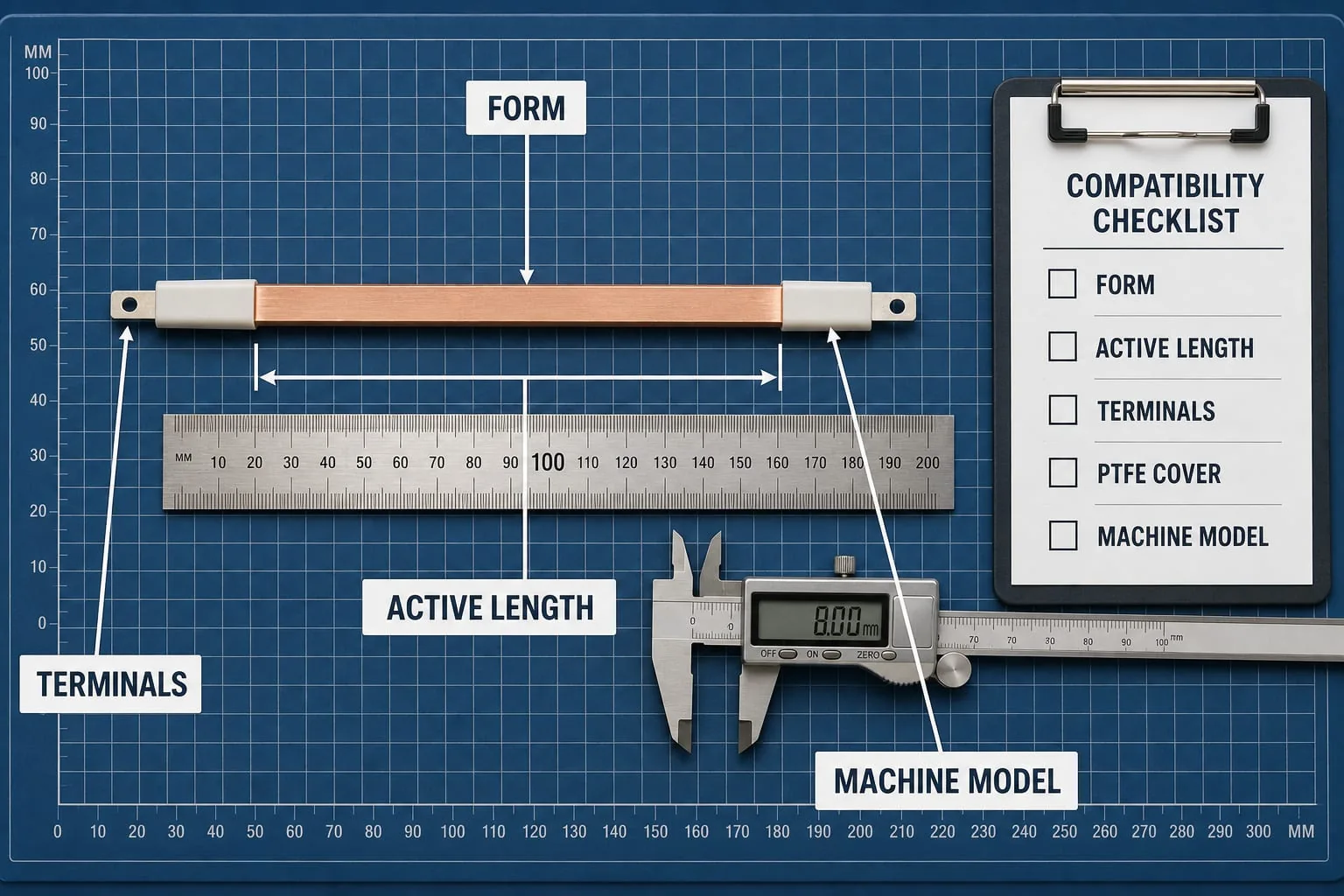 Heat-seal element measured beside a ruler and caliper with a compatibility checklist