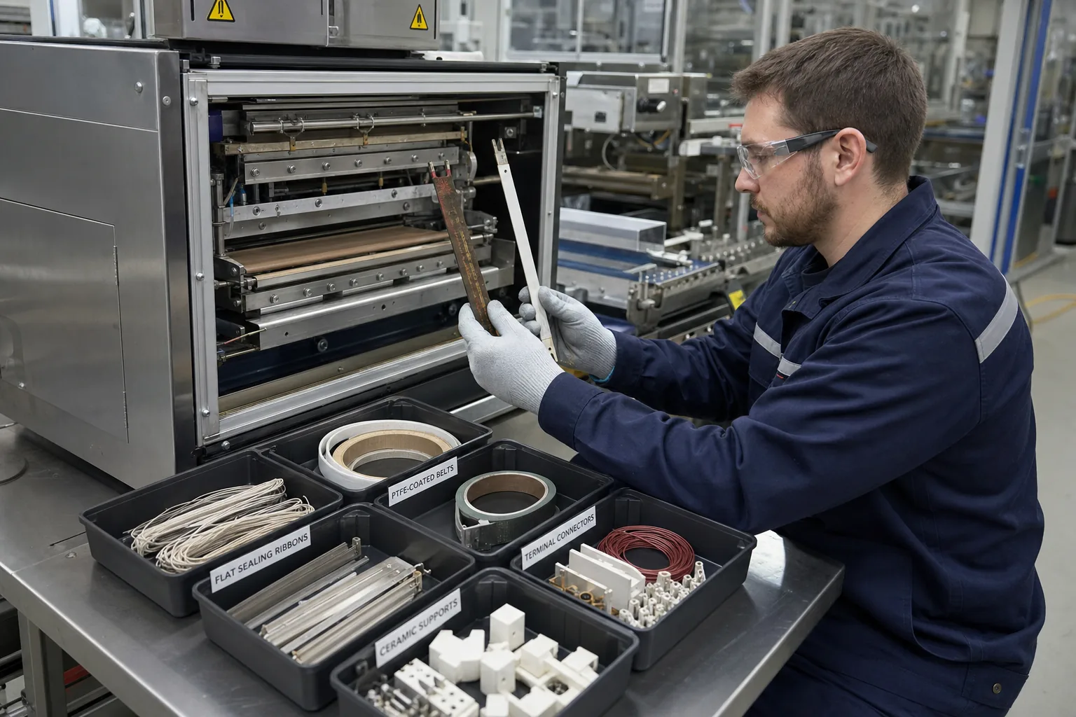 Technician comparing heat sealing wires and replacement components