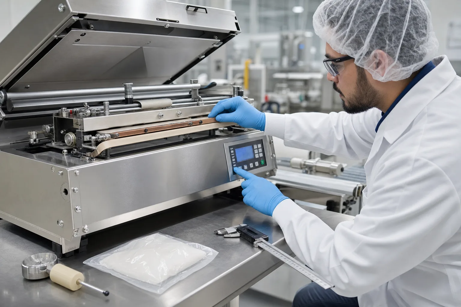 Technician installing a sealing ribbon in an impulse sealer