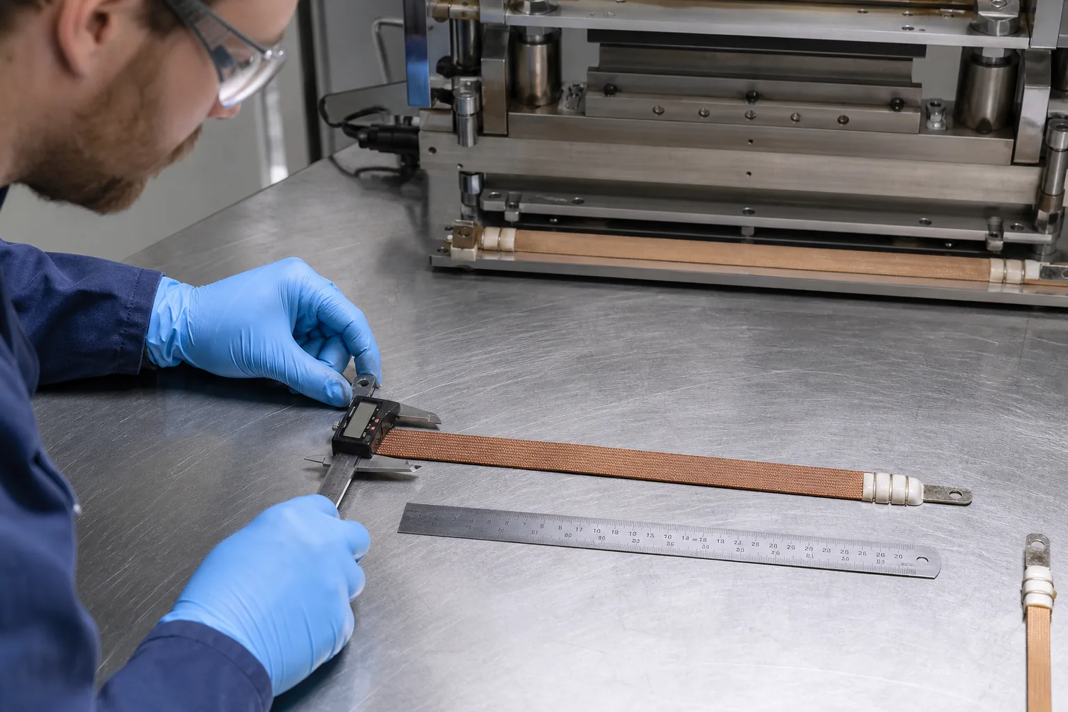 Technician measuring a sealing element with digital calipers