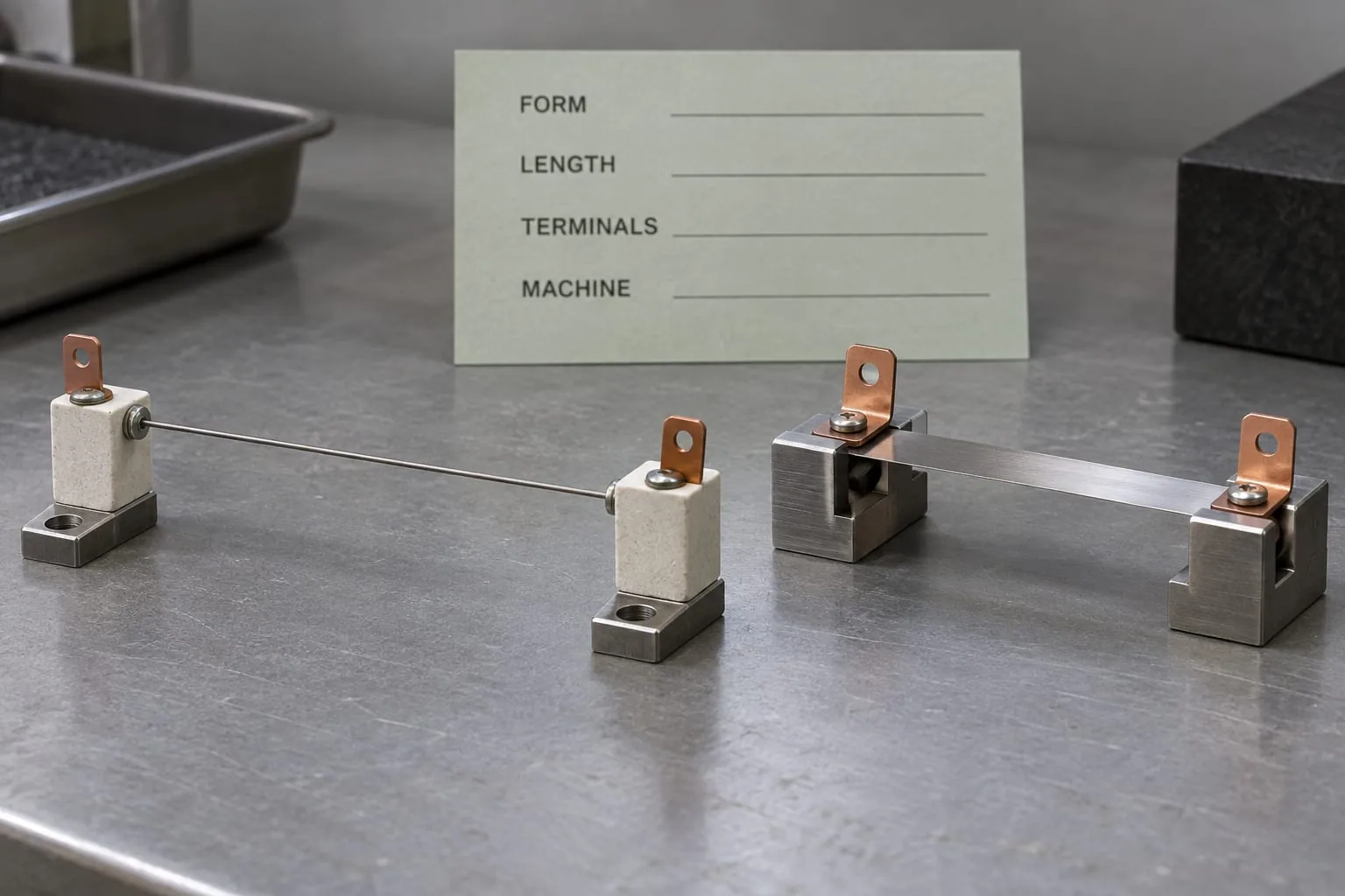 Straight round wire and flat ribbon elements shown in separate inspection fixtures