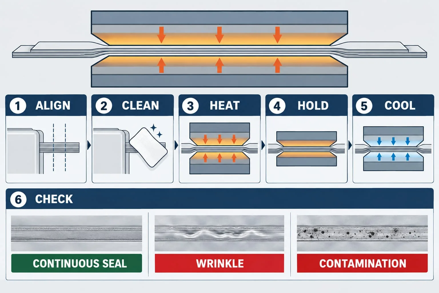 Pouch-cell heat-seal process checklist with alignment, cleaning, heating, holding, cooling and seal examples