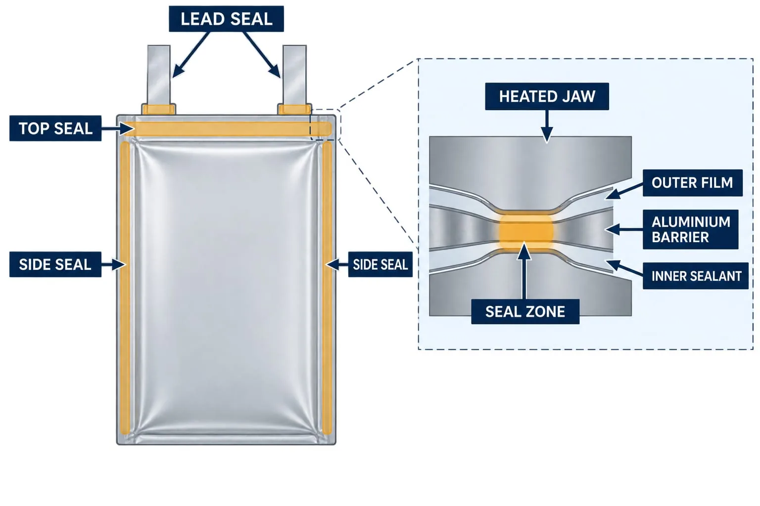 Labelled pouch-cell top, side and lead seal zones with a heat-seal cross-section