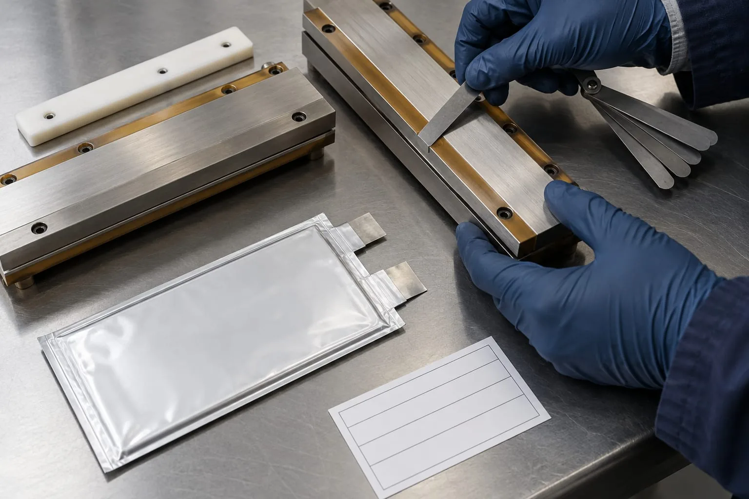 Technician checking pouch-cell sealing jaw parallelism with a feeler gauge