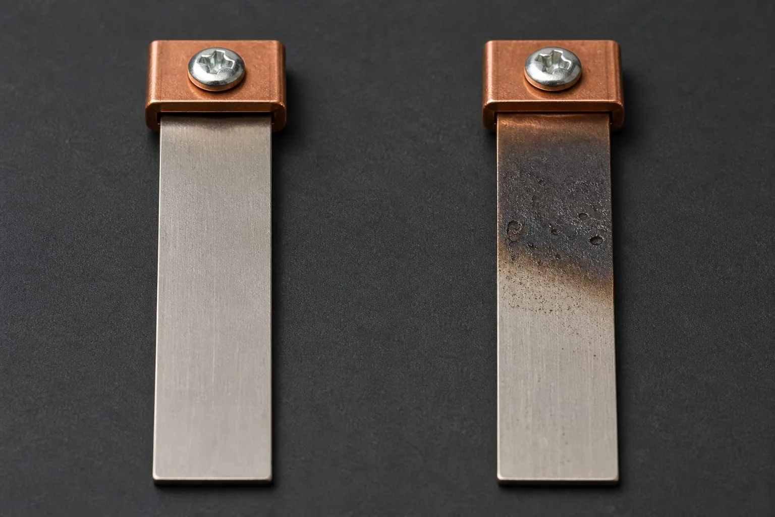 Intact and heat-damaged ribbon elements secured under copper terminal clamps