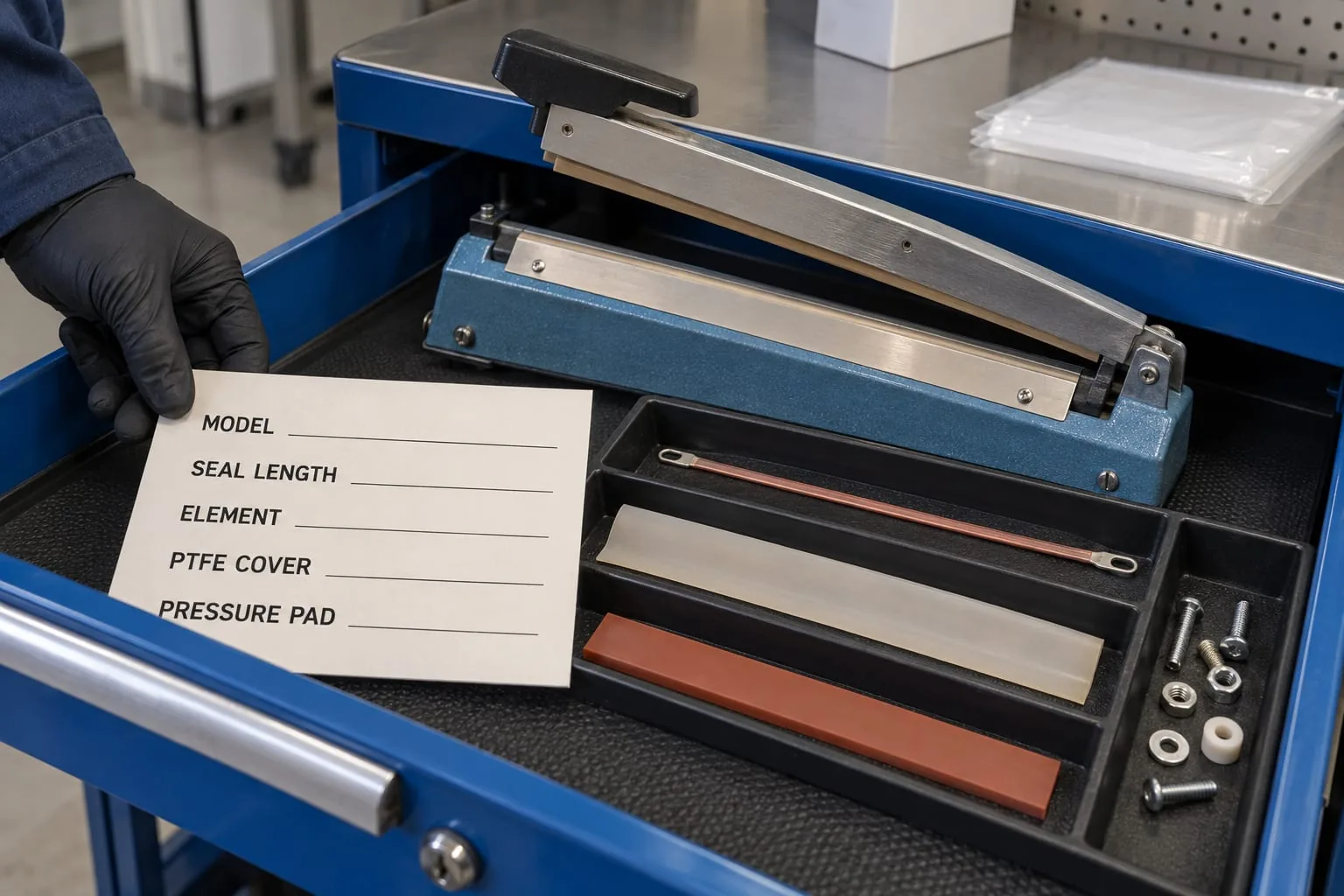 Manual hand sealer and replacement components beside a blank record card for model, seal length, element, PTFE cover and pressure pad.