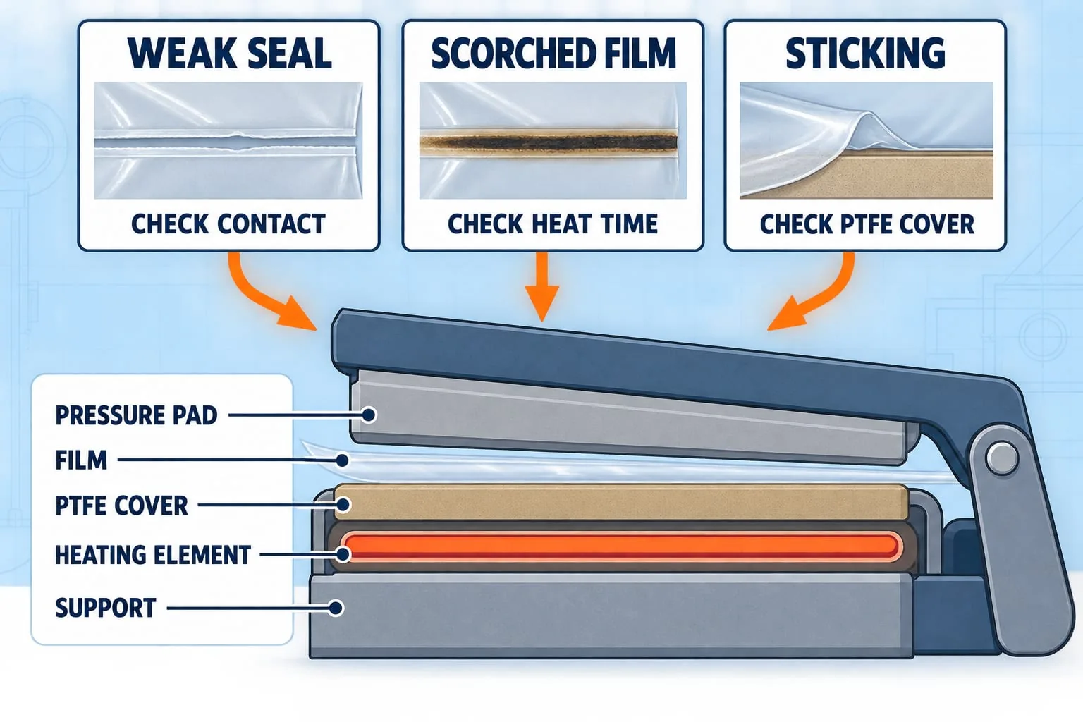 Technical fault triage showing weak seal, scorched film and sticking with a labelled hand-sealer jaw cross-section.