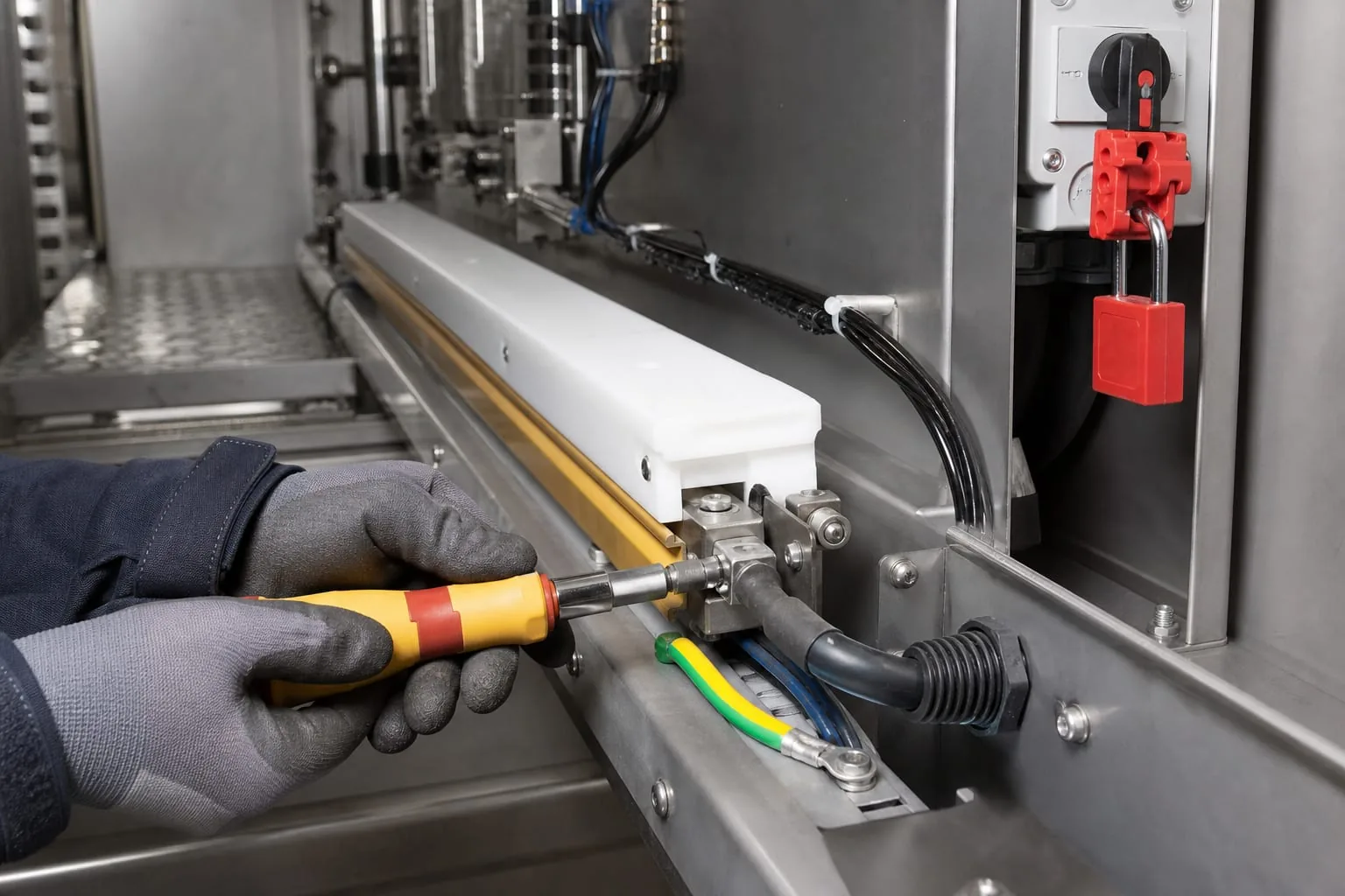 Gloved technician using an insulated torque driver inside an isolated sealing unit with a red lockout padlock