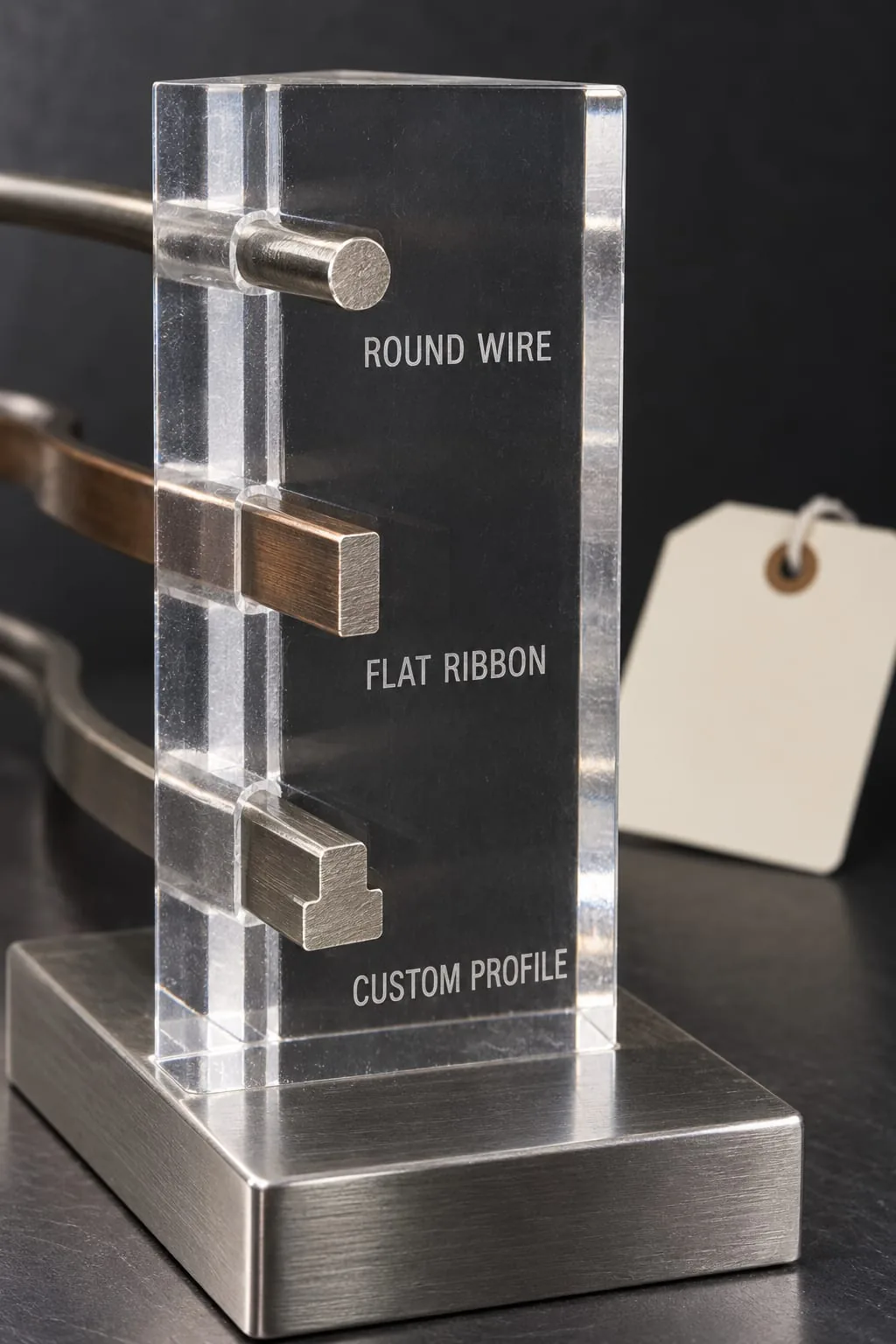 Three heat-seal element profiles labelled round wire, flat ribbon and custom profile