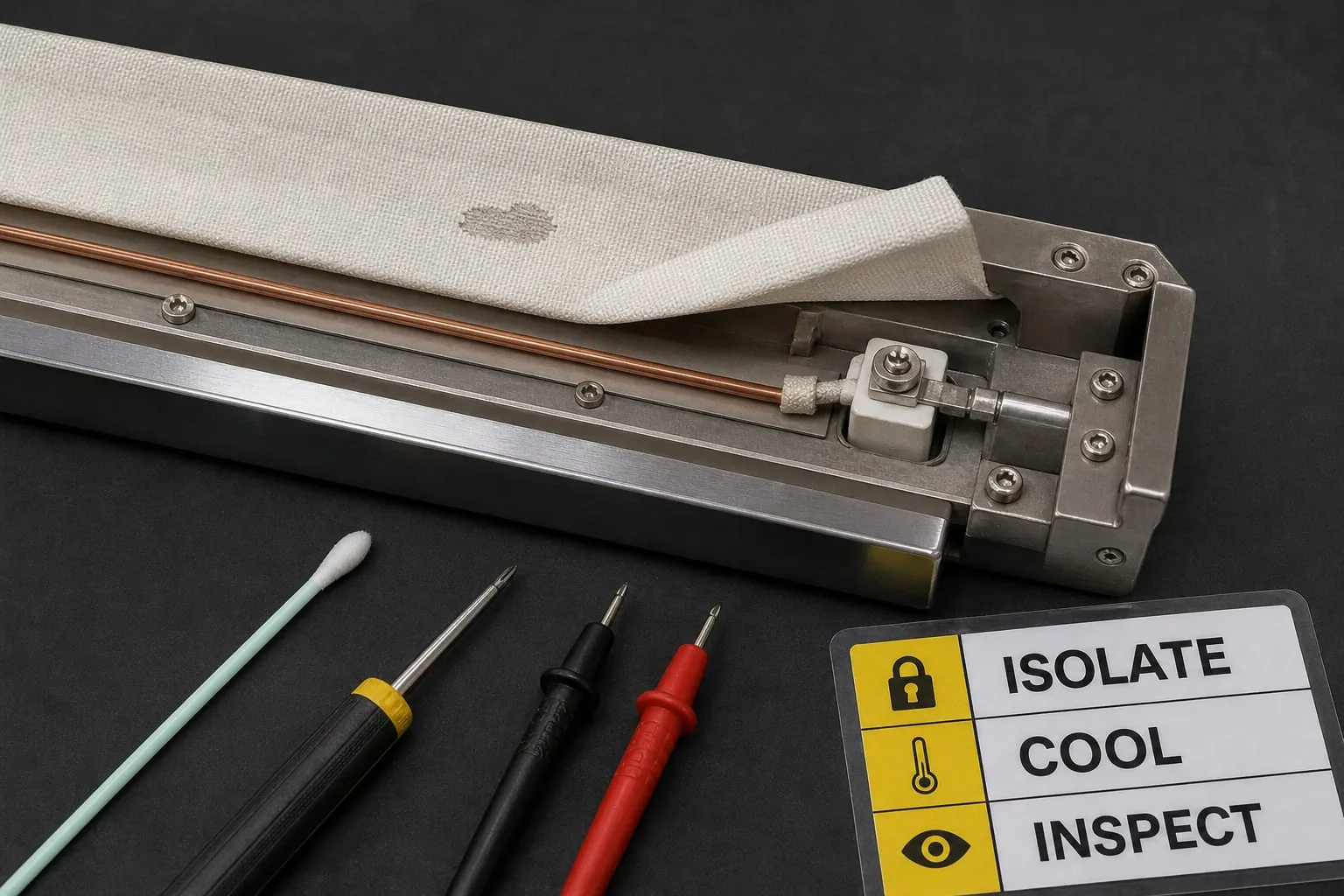 Sealing bar with PTFE cover lifted to show the element, terminal and inspection tools