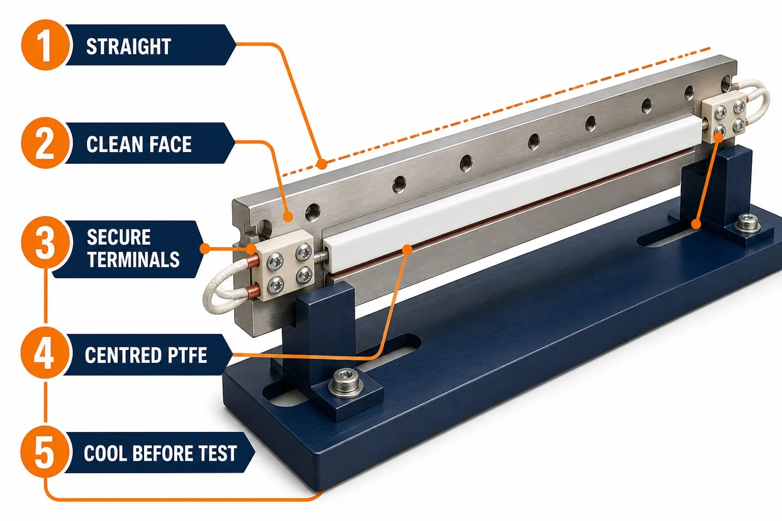 Labelled horizontal sealing jaw on an inspection fixture with maintenance callouts
