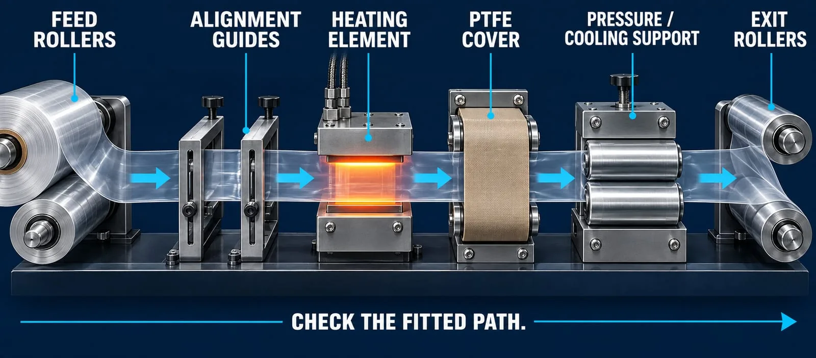 Illustrated film path through feed rollers, alignment guides, heating element, PTFE cover and pressure rollers.