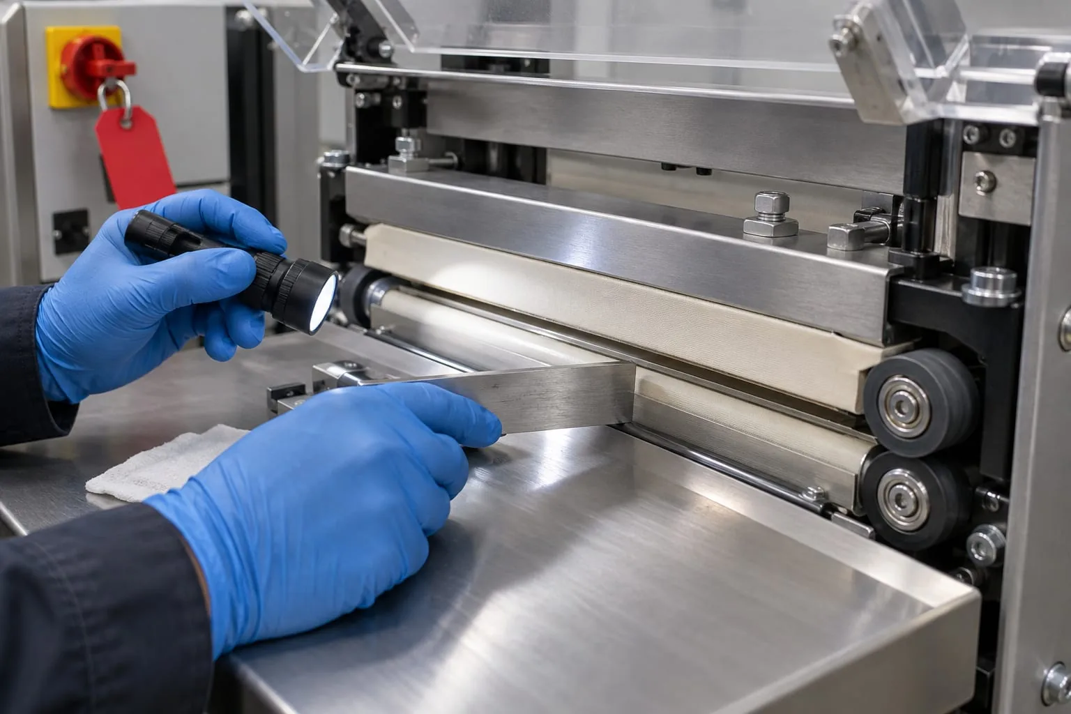 Technician checks a sealing assembly with a flashlight and straight edge beside an isolated power switch.