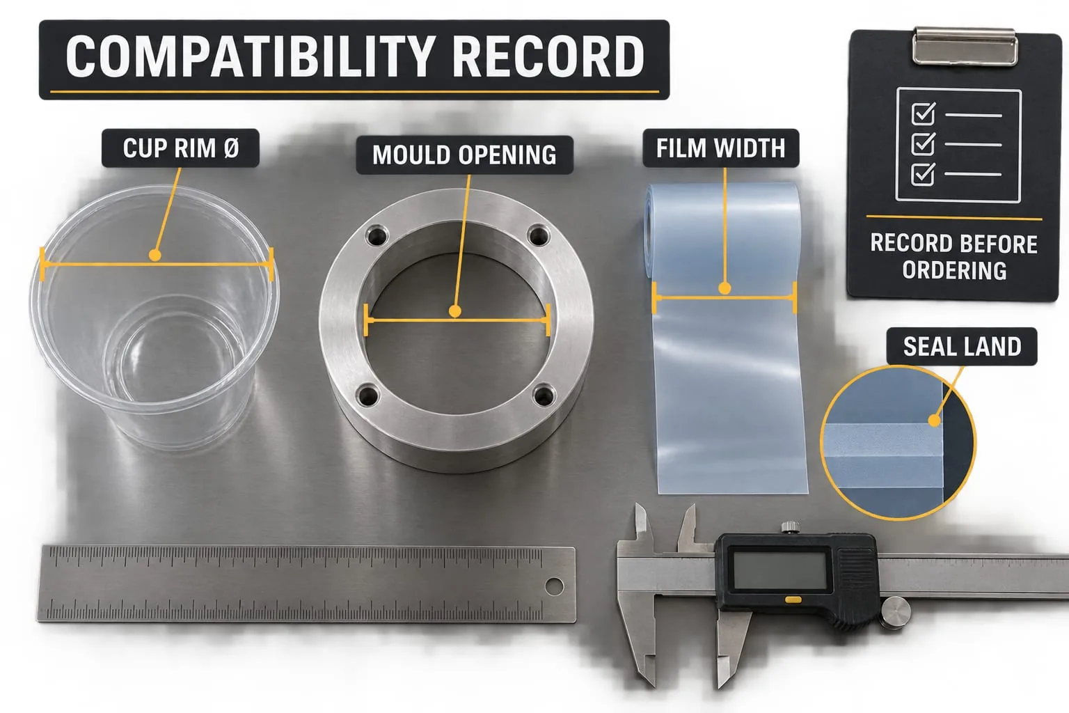 Labelled cup, mould, film and seal-land checks arranged on an inspection bench.