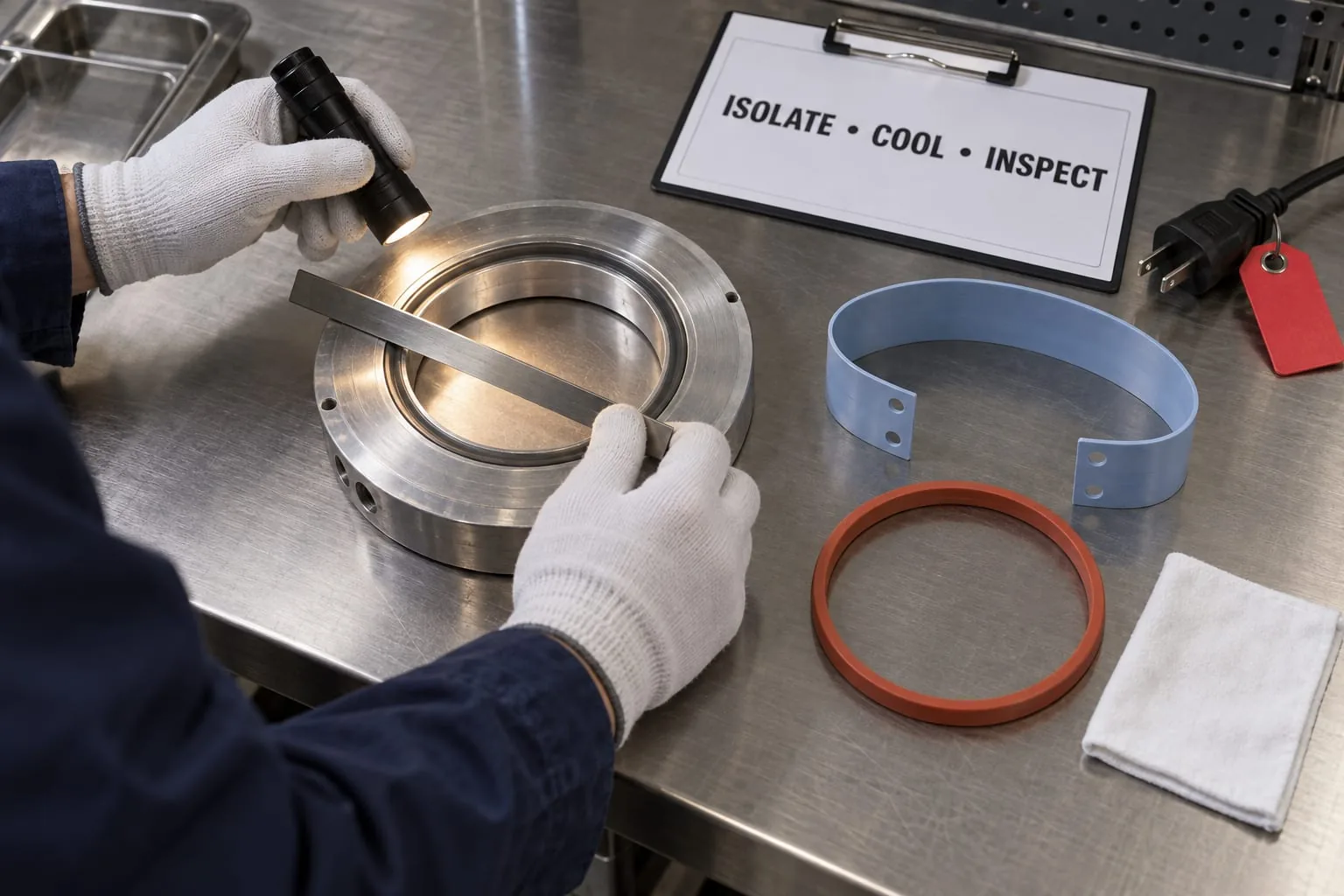 Technician inspects a sealing die, PTFE cover and silicone ring on a maintenance bench.