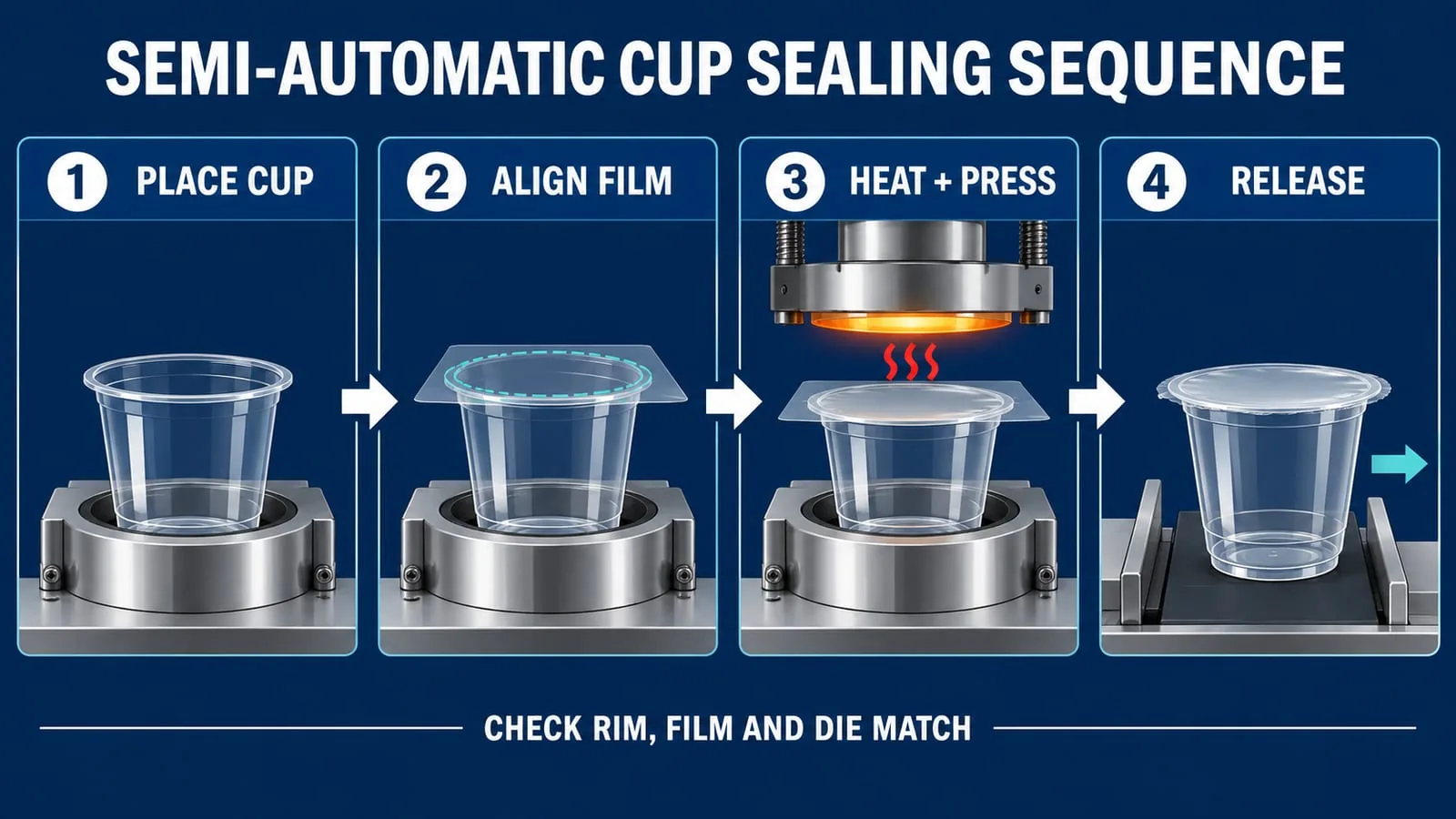 Four labelled steps show cup placement, film alignment, heat and press, and release.