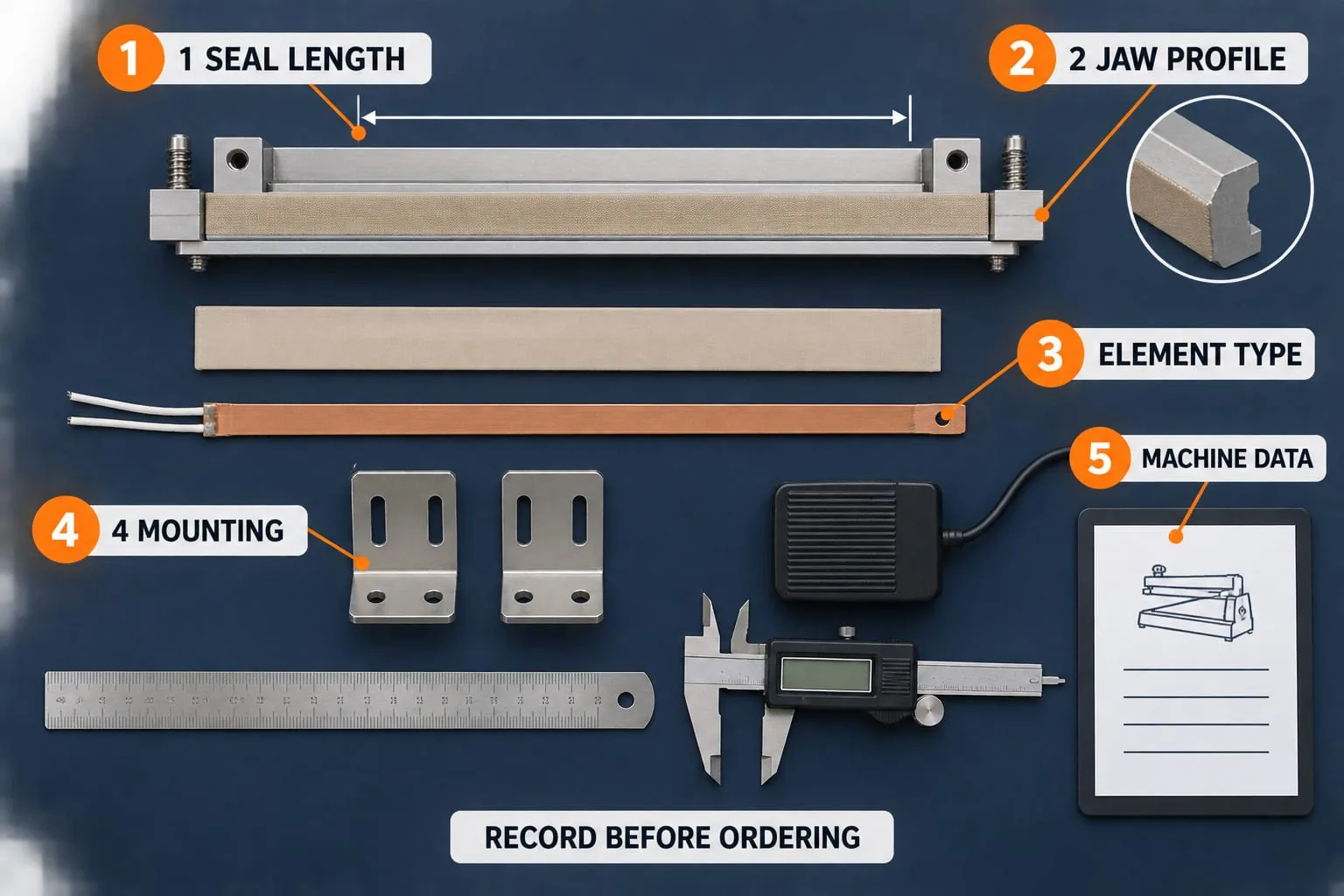 Labelled component specification board for checking a semi automatic sealing machine