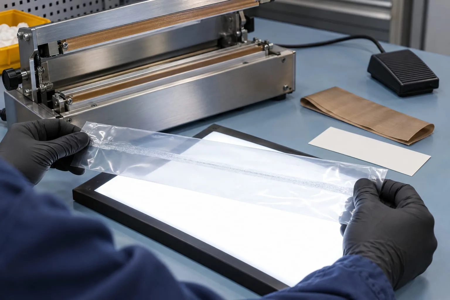 Technician checking a continuous film seal over a backlit inspection panel