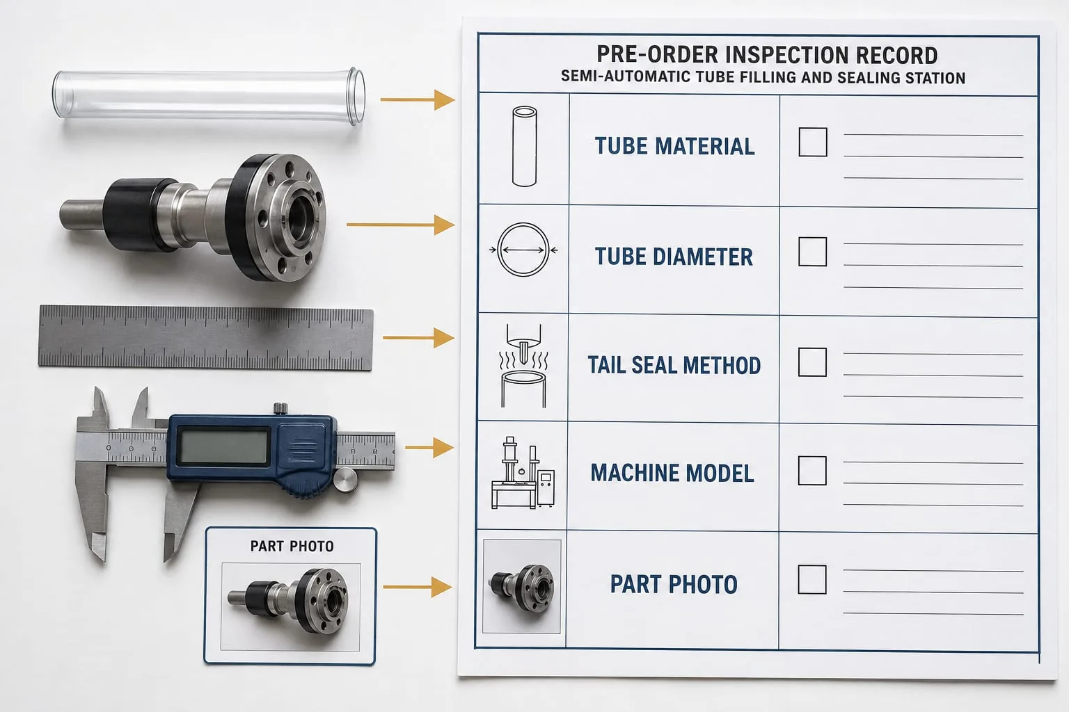 Compatibility record with tube, measuring tools and replacement component
