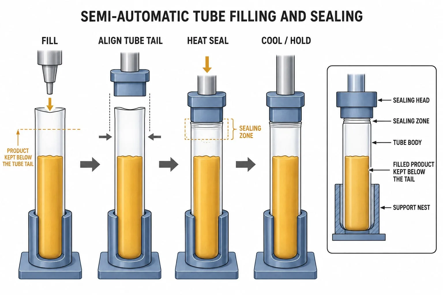 Diagram of filling, tube-tail alignment, heat sealing and cooling