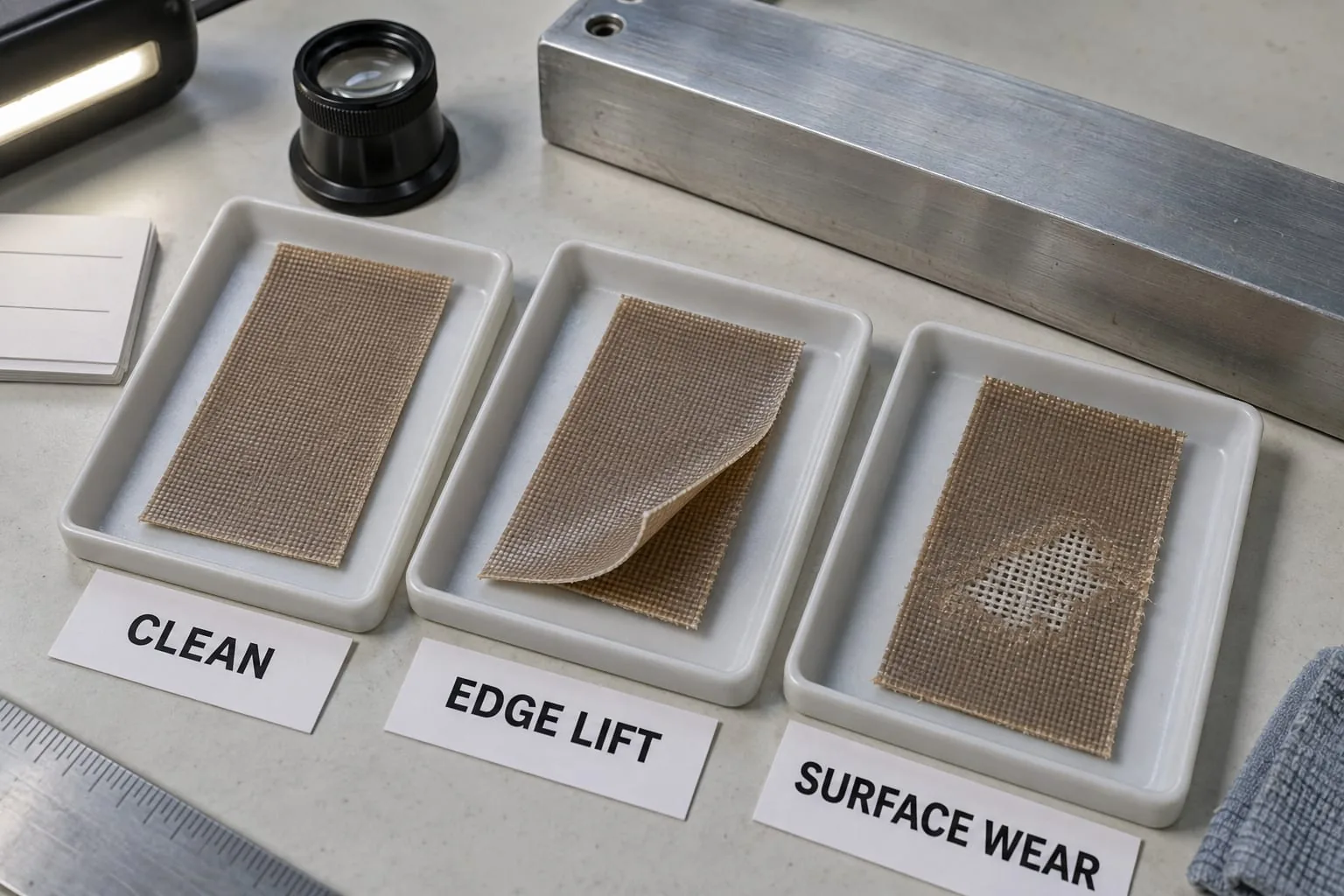 Three PTFE-coated glass cloth samples showing clean, edge-lift and surface-wear conditions