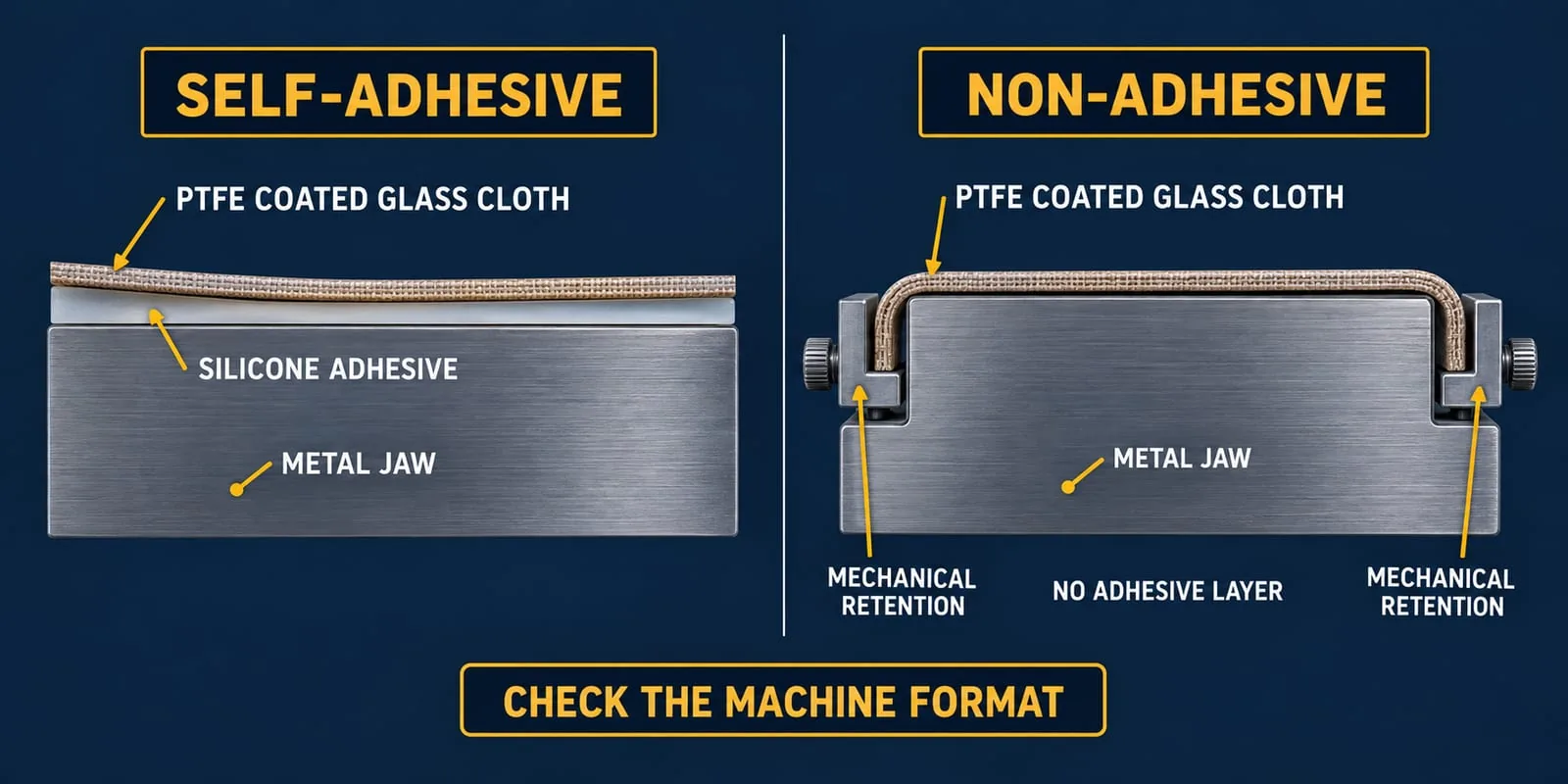 Diagram comparing self-adhesive and non-adhesive PTFE-coated glass cloth on a metal jaw
